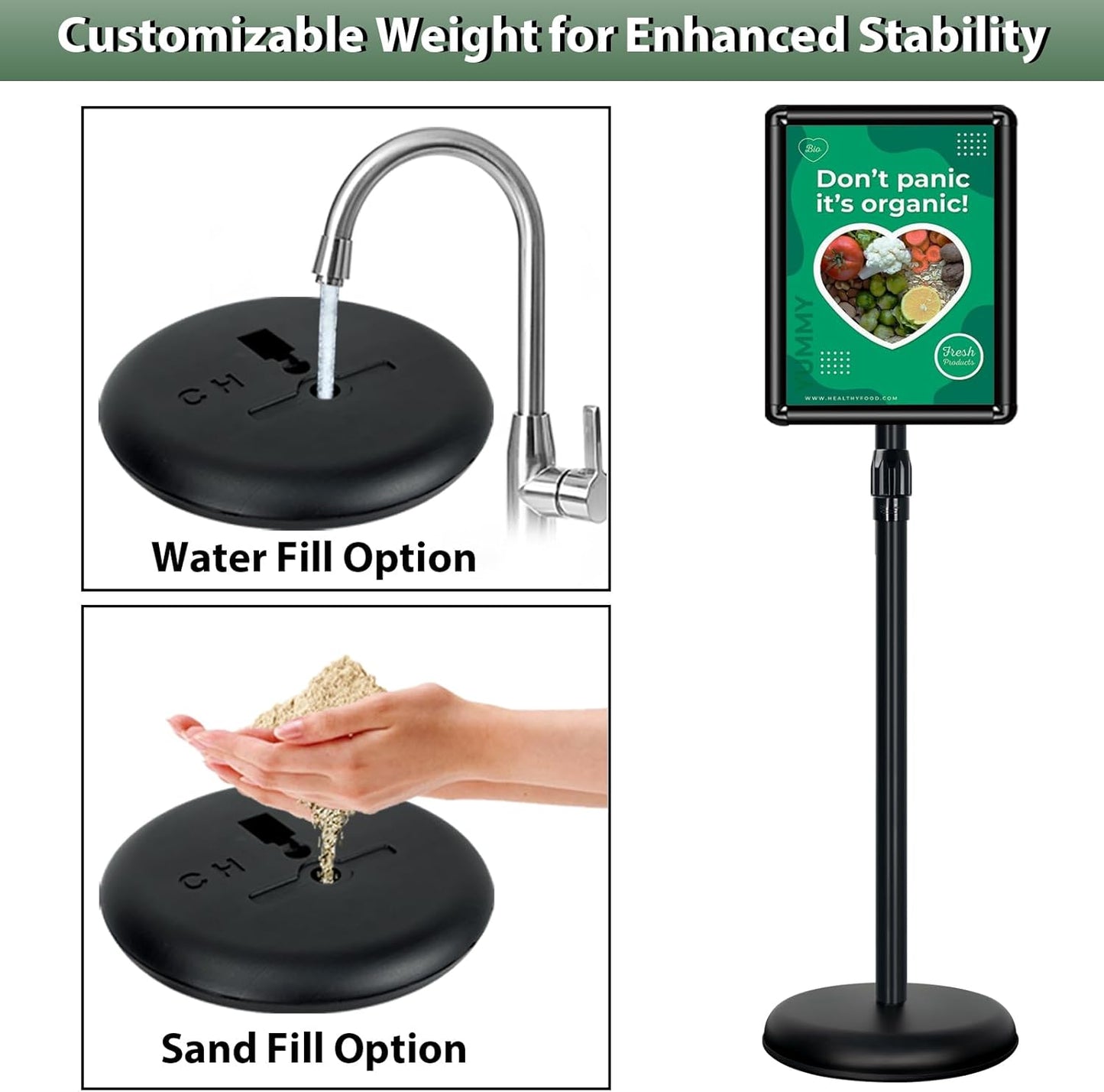 Poster Stand Holder Adjustable Pedestal Floor Standing Sign Holder Vertical and Horizontal View Sign Display, Aluminum Snap Open Frame with Safety Corner (2P-Black-11x17)