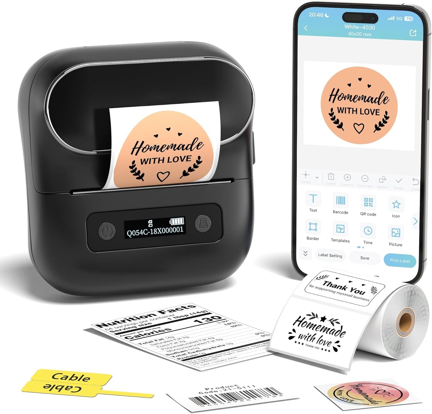 M220 Label Maker, Upgrade Sticker Maker Machine Prints 0.78-3 inch, Portable Label Printer with Tape for Small Business & Homeuse, Compatible with Phones and PC, with 40x30mm Label