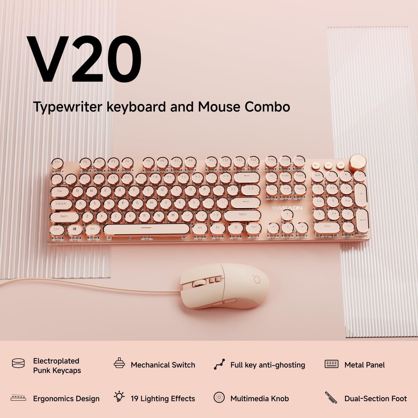 EWEADN Wired Typewriterkeyboard and Mouse Combo, Typewriter Style Mechanical Gaming Keyboard,104 Keys Backlit LED Keyboards, Media Control Knob, Wired Keyboard Pink Switch for Windows/Mac/PC-Pink