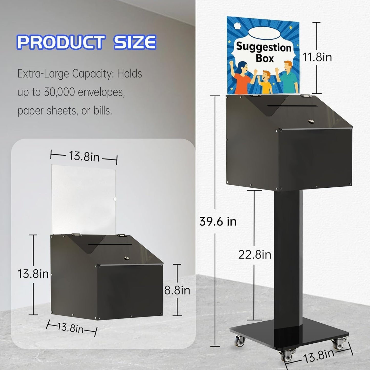Large-Capacity Acrylic Suggestion Box with Lock & Sign Holder, Floor-Standing Ballot/Donation/Raffle Box on Stand with Wheels, 13.8 in Cube (39.6 in Tall), Black
