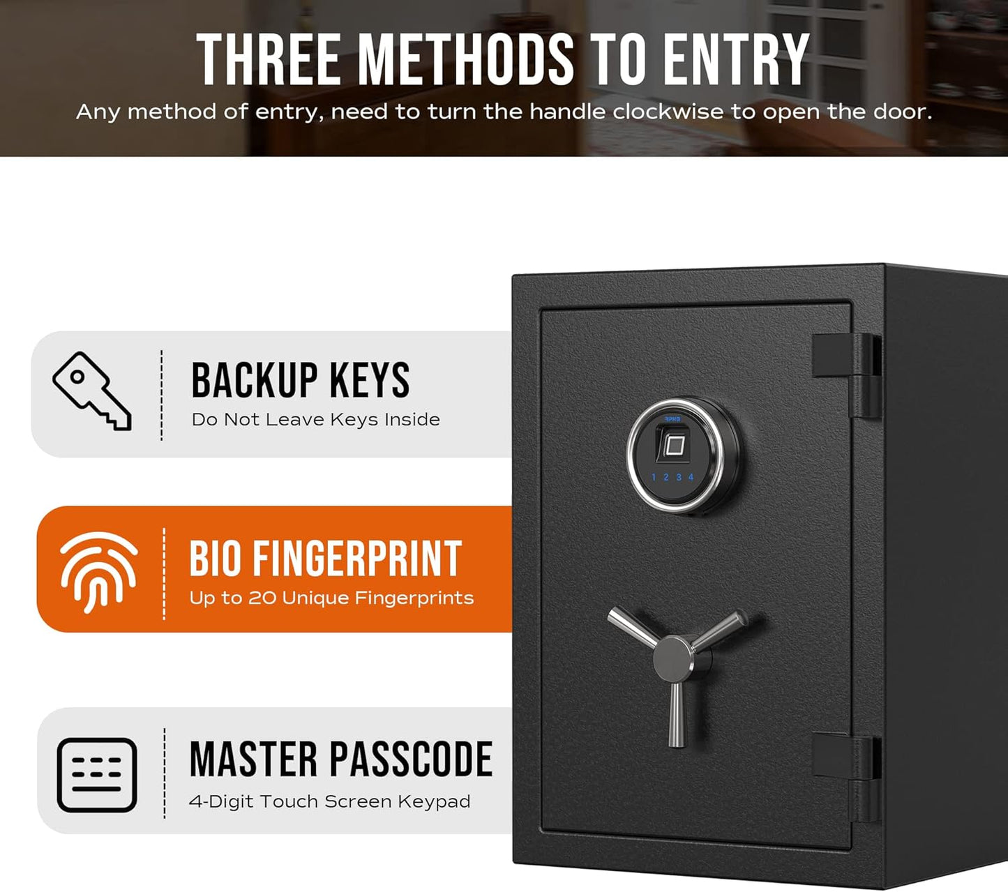 RPNB Deluxe Biometric Fireproof Safe Box,Digital Fingerprint Fireproof Waterproof Safe with Touch Screen,Removable Shelf and 3 Spoke Handle,Home Safes for Cash Documents Jewelry,1.29 Cubic Feet