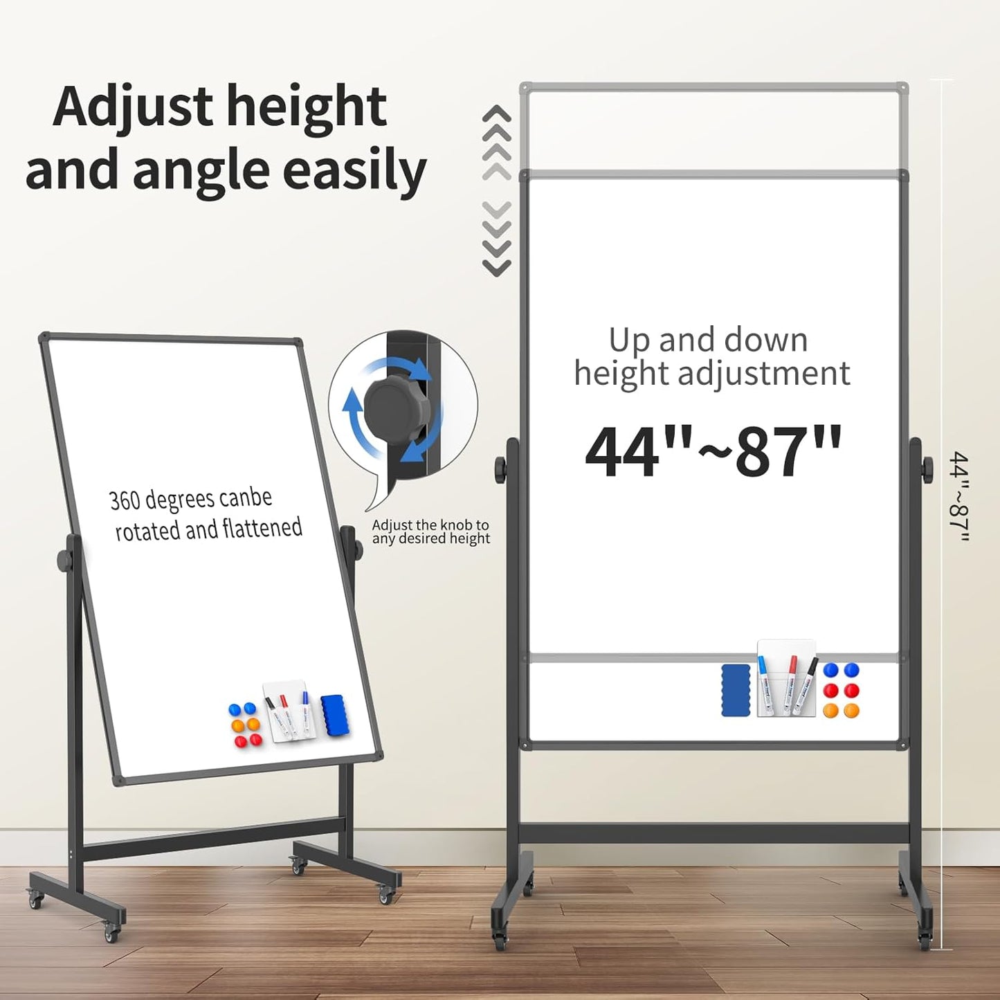 48x32inches Mobile Whiteboard - Adjustable Height, Standing Whiteboard on Wheels, Double-Sided Magnetic Dry Erase Board for Office, Home, Classroom