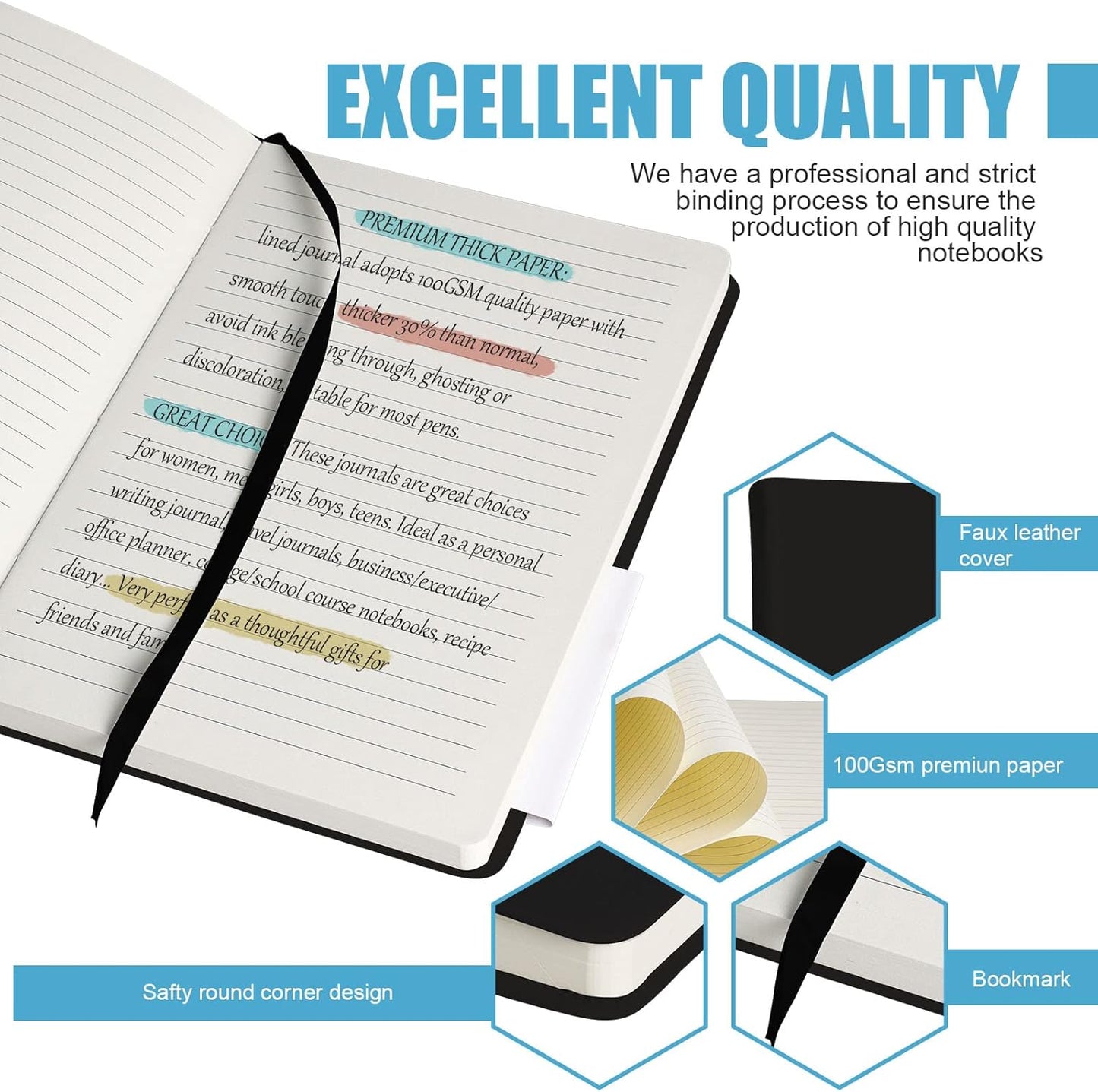 Lined Journal Notebook, (Black), 160 Pages, Medium 5.7 inches x 8 inches - 100 gsm Thick Paper, Hardcover