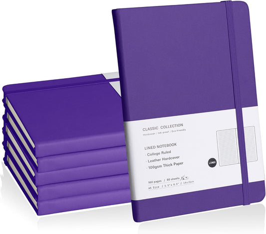 Lined Journal Notebook, 6Pack(Purple), 160 Pages, Medium 5.7 inches x 8 inches - 100 gsm Thick Paper, Hardcover