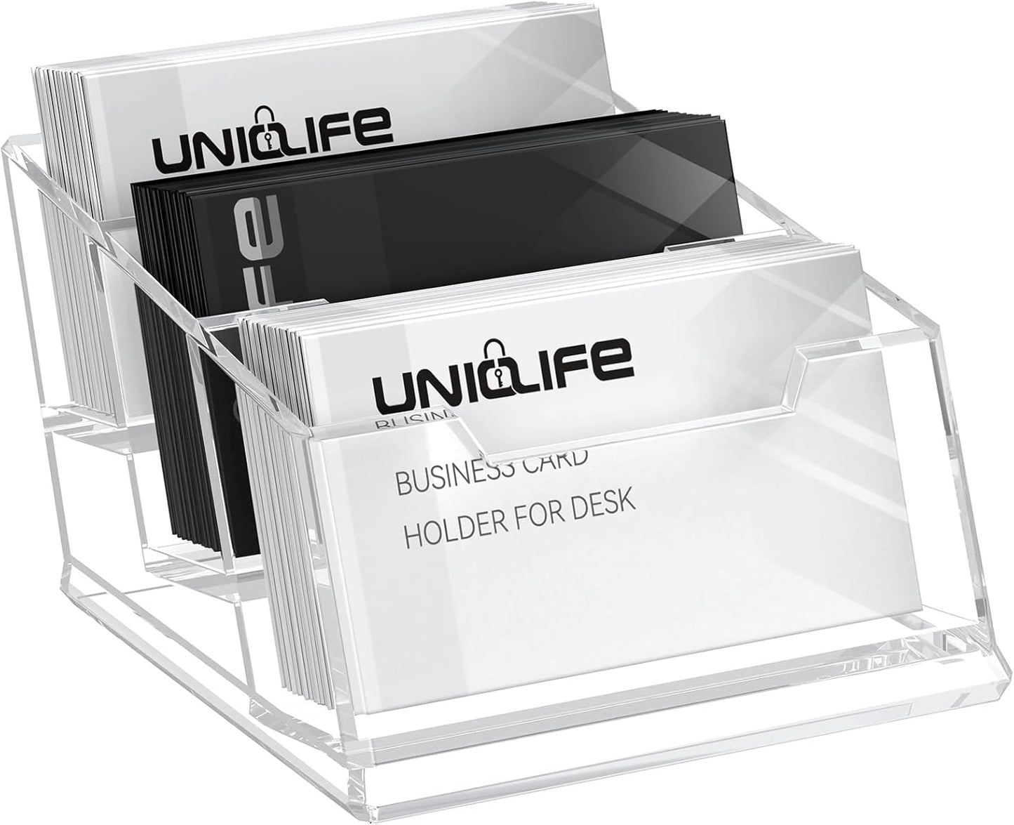 Uniclife Acrylic Business Card Holder for Desk 3 Slots Clear Business Card Display Stand for Men & Women Desktop Business Card Organizer Card Stand for Office Home Exhibition, 180 Card Capacity
