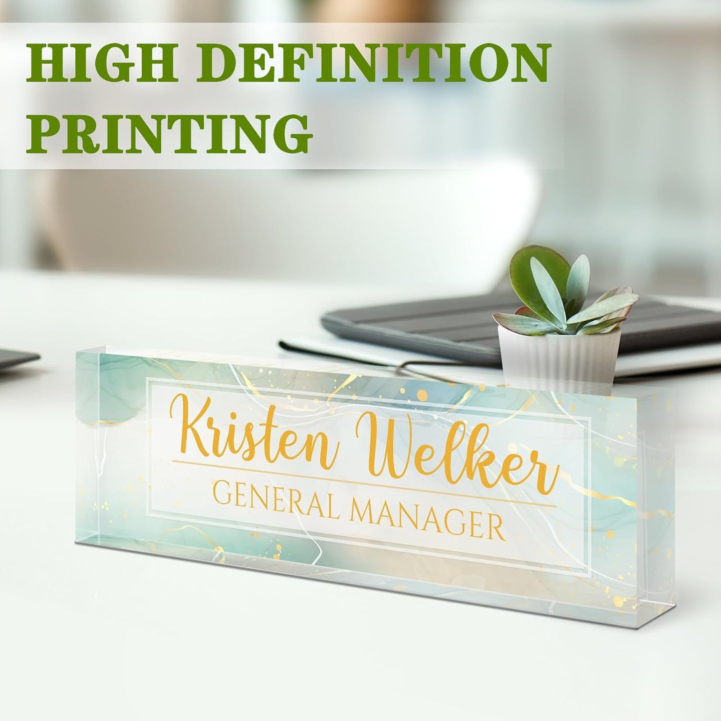 Gowellly Desk Name Plate Personalized - Custom Acrylic Name Plate for Desk - Enterprise Custom Logo/Text nameplates - Employee Appreciation Gifts (Light Green Marble)
