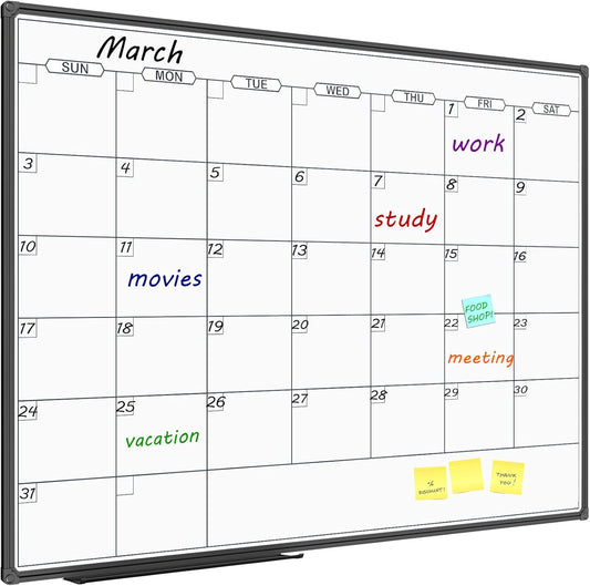 JILoffice Dry Erase Calendar Whiteboard - Magnetic White Board Calendar Monthly 48 X 36 Inch, Black Aluminum Frame Wall Mounted Board for Office Home and School