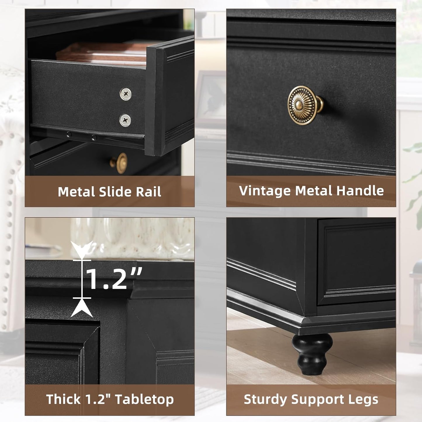 24" Wide Farmhouse Night Stand,Large End Table with 3 Drawers & Metal Handle,Black Wood Dresser for Bedroom Cabinet, Bed Side Tabl·e Chest of Drawers,Nightstand for Living Room,Close