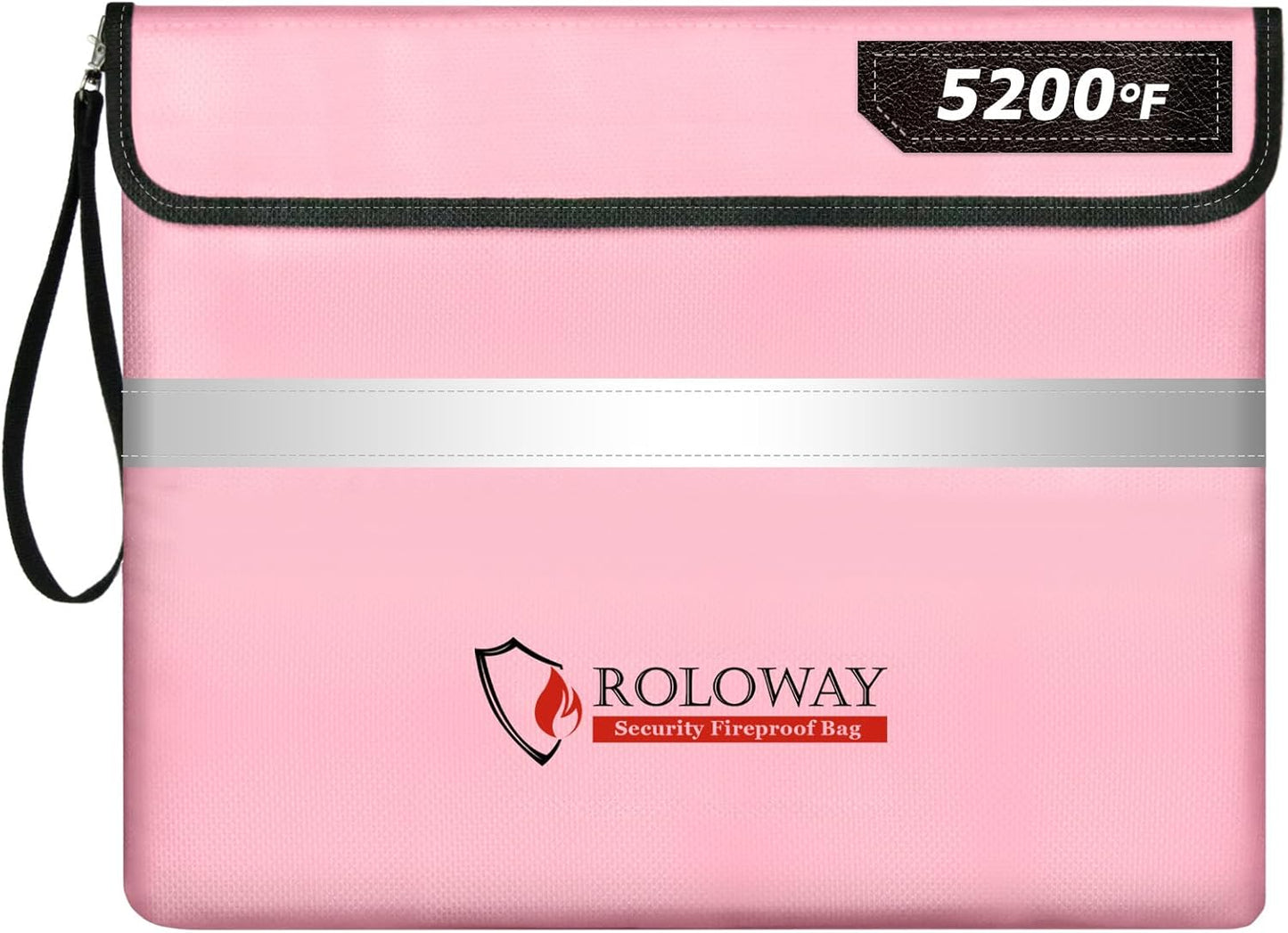 ROLOWAY Fireproof Document Bag (14 x 11 inch) with 5200℉ Upgraded Aluminum Foil Layer, Fireproof Bag for Documents with Reflective Strip and Zipper (Pink)