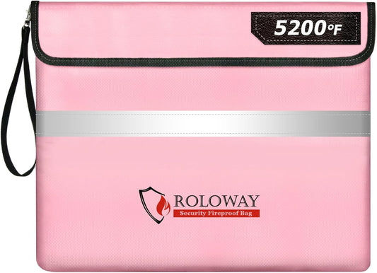 ROLOWAY Fireproof Document Bag (14 x 11 inch) with 5200℉ Upgraded Aluminum Foil Layer, Fireproof Bag for Documents with Reflective Strip and Zipper (Pink)