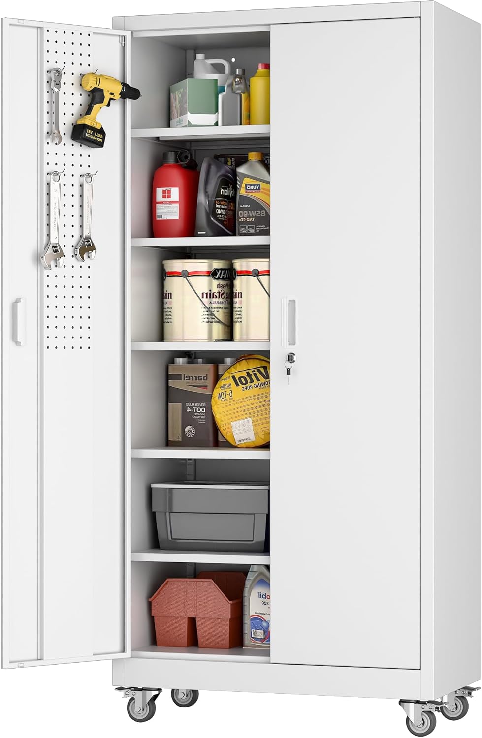 Aobabo Metal Storage Cabinet with Wheels,Heavy Duty Office Storage Cabinet with Lock,Steel Cabinet with 2 Doors and 5 Adjustable Shelves for Office Home School Storage,Required-Assembly White