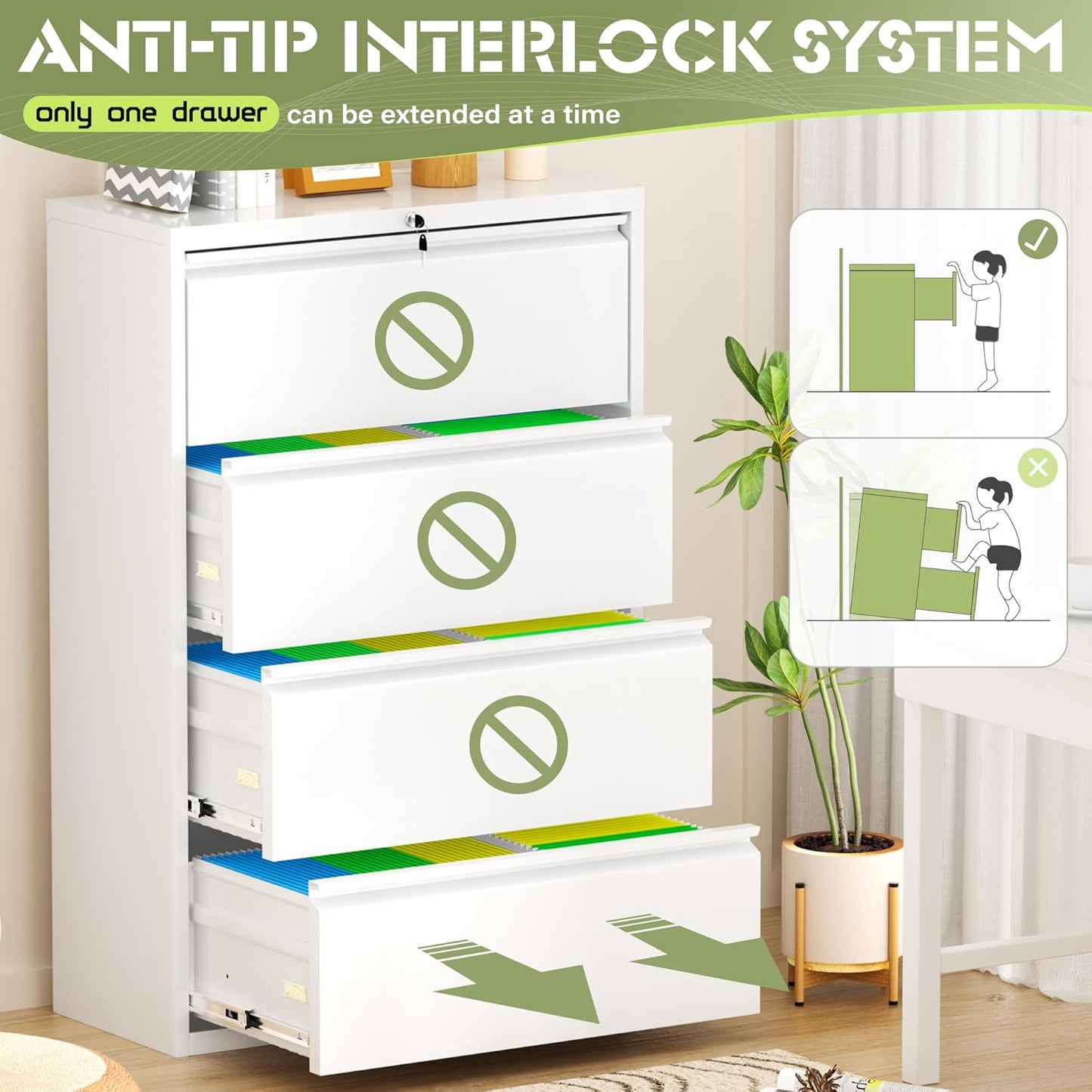 Crownland Lateral File Cabinet with 4 Drawers, 36" W Metal Lockable Office File Cabinets for Home Office- Stores Letter/Legal/A4/F4 Files(White)