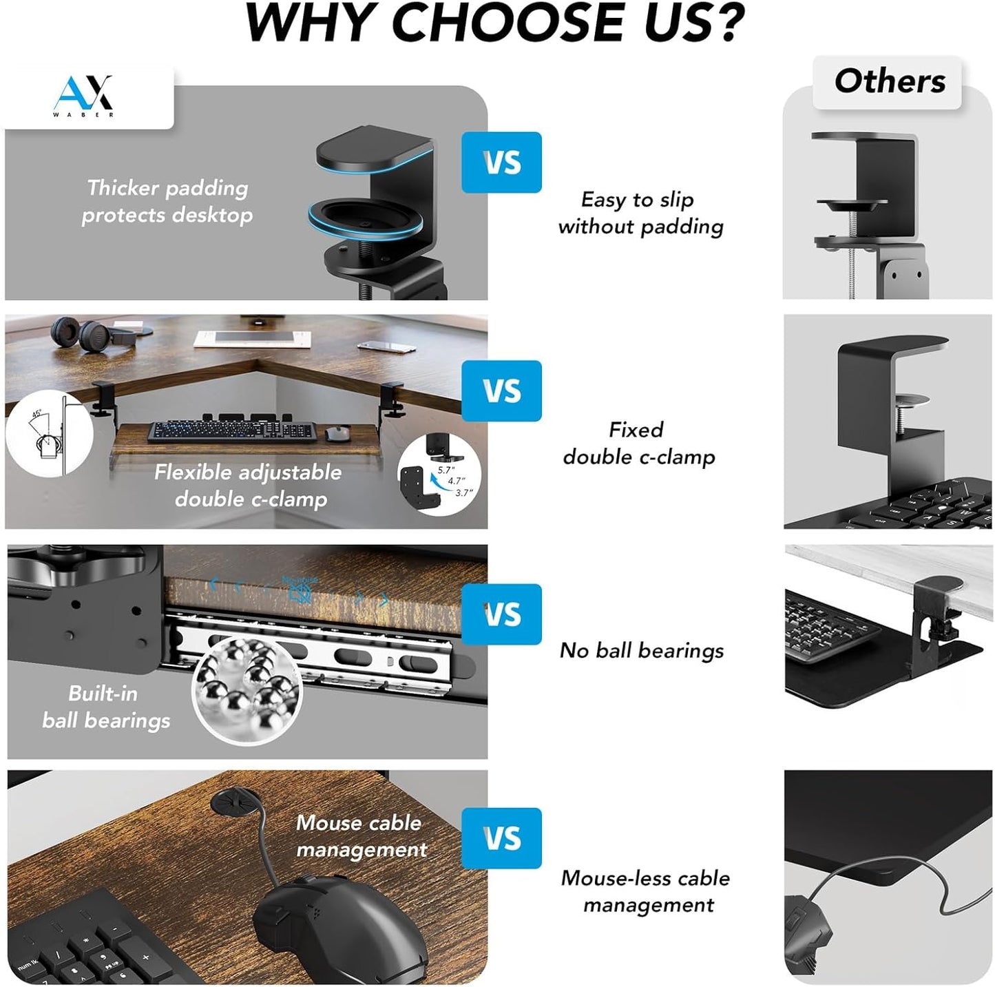 AX WABER Keyboard Tray Under Desk Pull Out with Extra Sturdy C Clamp Mount System, 27.3 (32.5 inch Including Clamps) x 11 Inch Slide-Out Platform Computer Drawer for Typing Vintage AX01WG02