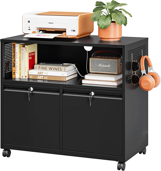 Metal File Cabinet,2 Drawer Filing Cabinet with Lock,Rolling Printer Stand Storage Cabinets with Shelves for Home Office Letter/Legal/A4 Size Files(Black)