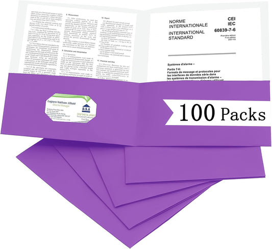 Zzrywuty 100 Packs Paper Folders with Pockets for Students,Businessmen and Office Workers,Letter Size,Two Pocket Folders with Card Slot for Office,Business,School Supplies (Purple)