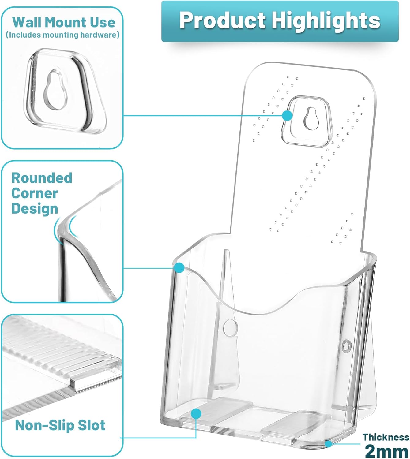 Brochure Holder Stand, 12 Pack 4 inches Acrylic Pamphlet Display Stand Wall Mount/Countertop, Clear Plastic Trifold Rack Card Holder for Organizer Flyer, Leaflets, Document, Literature