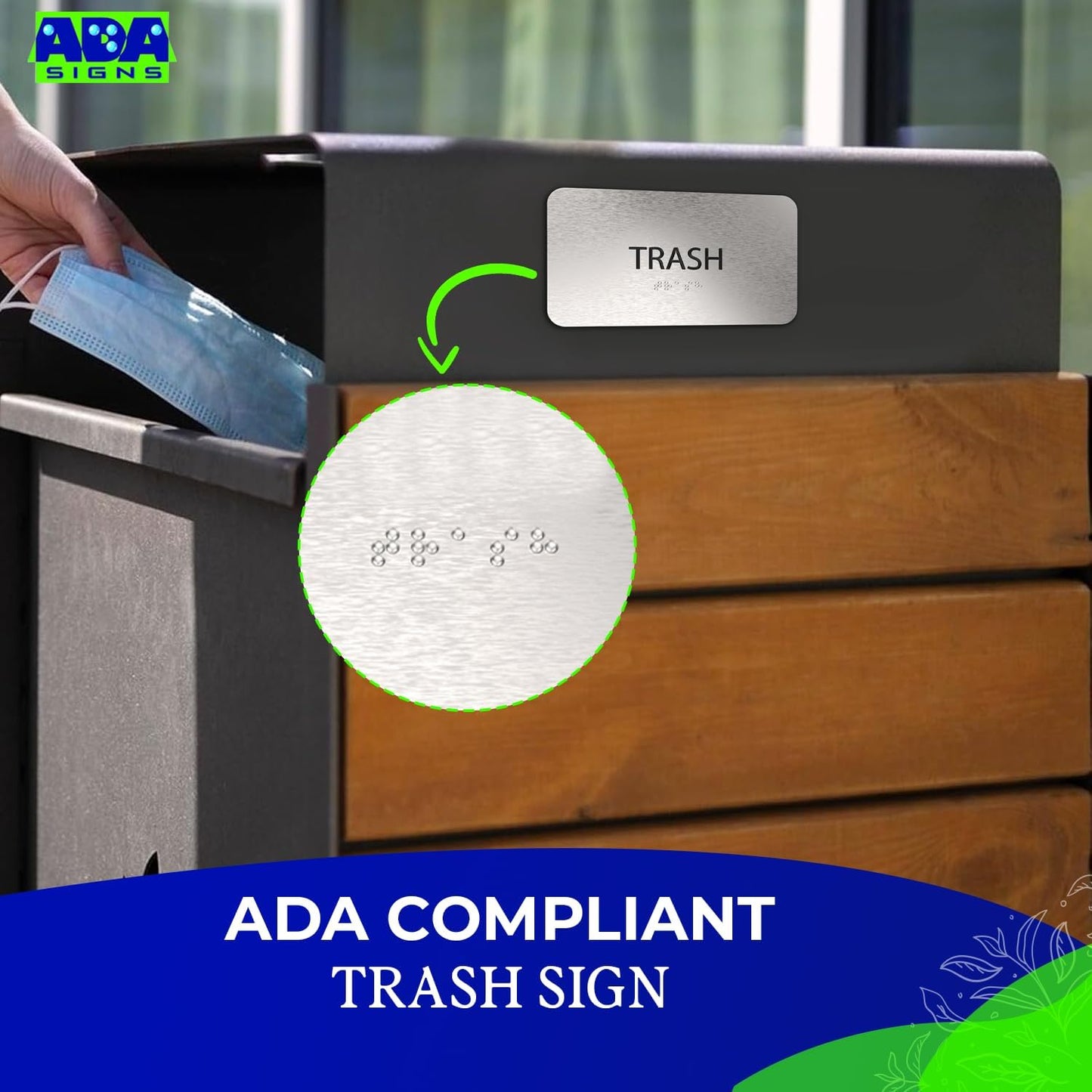 ADASigns Trash Sign 7”x4” - Durable Brushed Aluminum with Grade 2 Braille - Easy Installation with Strong Adhesive Tape - ADA Compliant Signs for businesses, Restaurants & Retail Stores