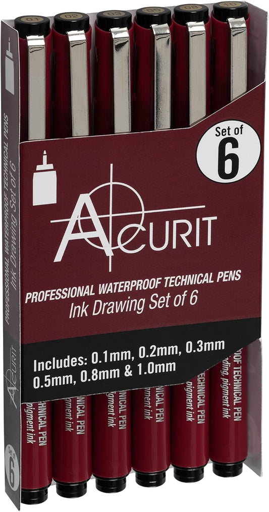 Waterproof Technical Pens - Professional Waterproof Technical Pen, Rich Blank Ink, Acid-Free, Light Fast, for Sketching, Drawing, CAlligraphy, & More! - [6-Pack - Assorted Sizes]