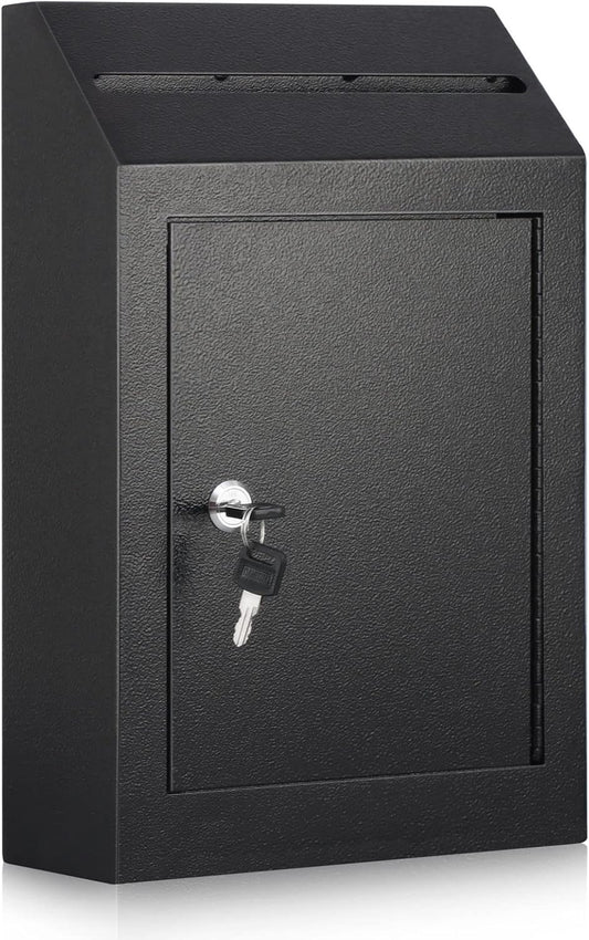 xydled Wall-Mount Mailbox,Heavy Duty Deposit Drop Box, Locking Metal Key Drop Box Suggestion Box with Key Lock,Secured Safe Storage Box Postbox for Home&Business Use,15x12x4 Inch,Black