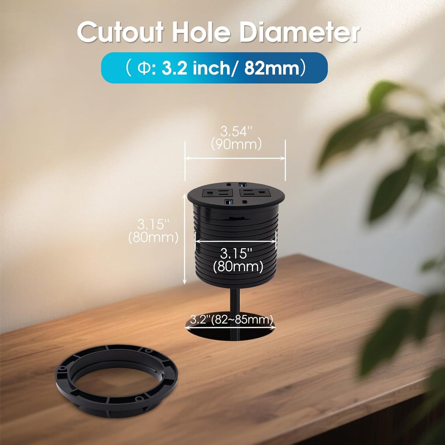 6 in 1 Desk Power Grommet Dia 3.15‘’(80mm), 40W Recessed Power Strip with Dual 20W USB-C Fast Charging, Flush Mount USB Outlet for Desk, Tables&Furniture, fits 3-1/5'' ~ 3-3/8'' Hole (1 Pack)