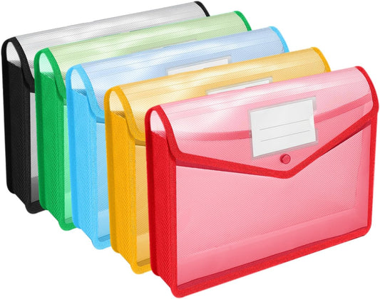 Go&Fan 5 Packs Expanding File Folder,no dividers,File Wallet Document Folder,Plastic envelopes with snap Closure,Paper Organizer Folder with Lable Pocket (Colorful) Fit Letter/A4 Size