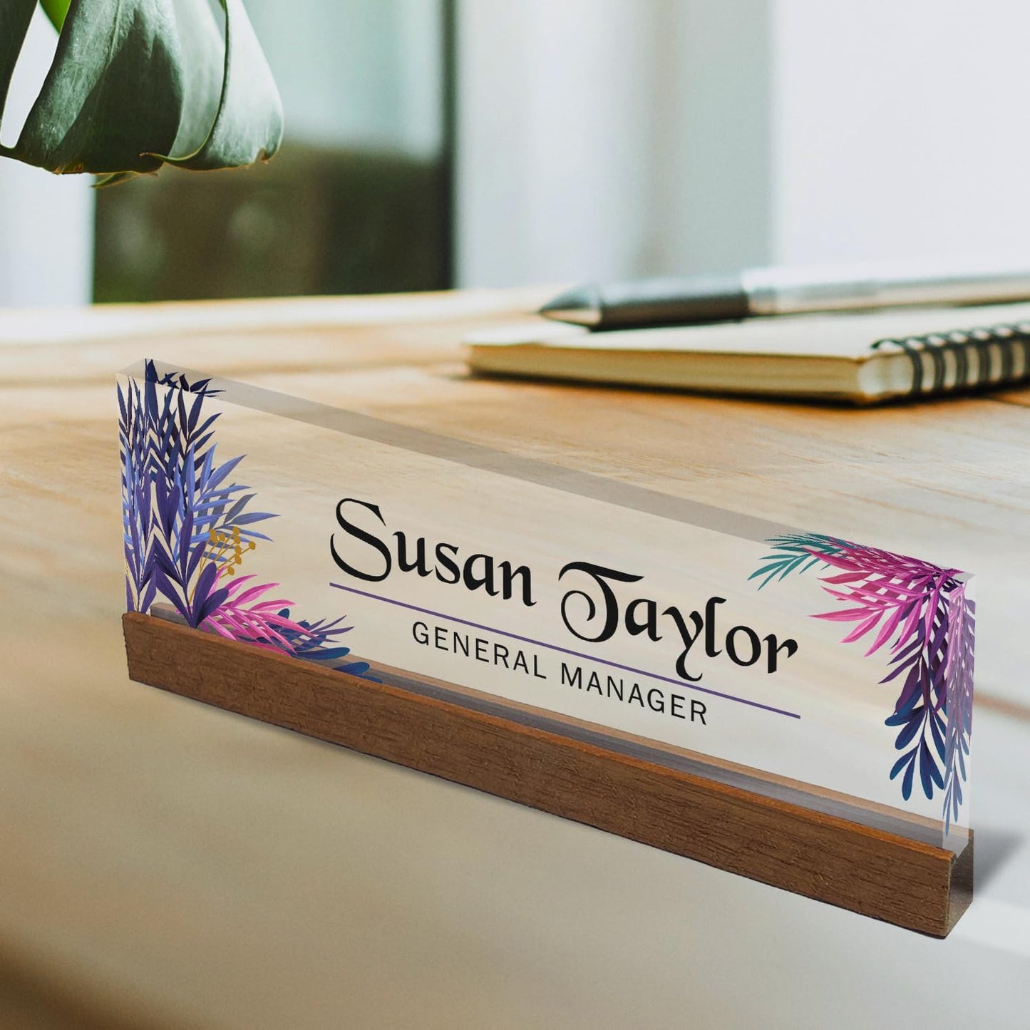 Artblox Personalized Office Desk Name Plate and Business Card Holder | Clear Acrylic Glass with Teak Wood Stand | Leaf Design Customized with Your Name and Credentials Office Desk Decor