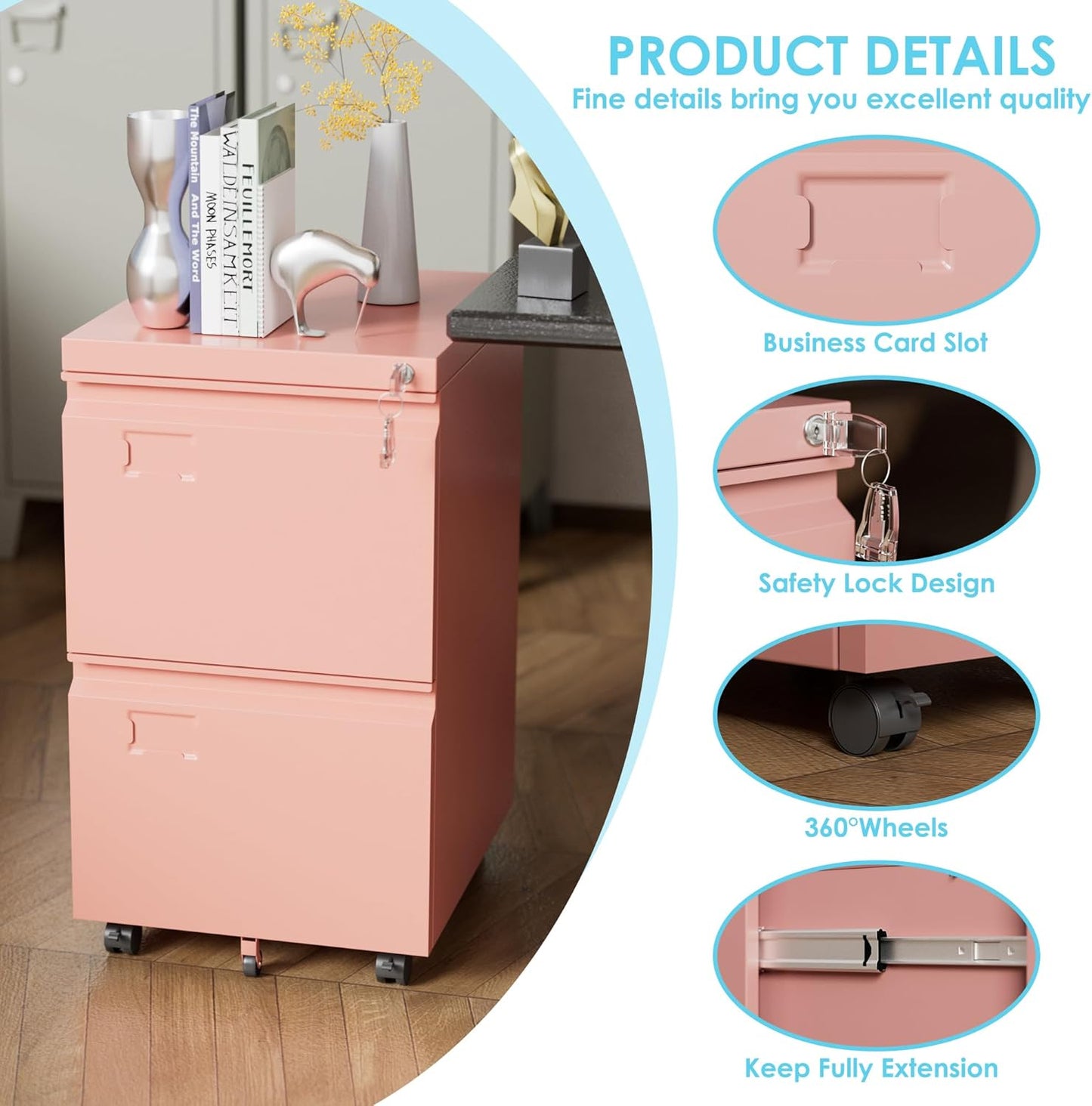 Aobabo 2 Drawer File Cabinet, Lockable Metal Filing Cabinet with Wheels for Home Office, Legal/Letter Size, Required Assembled,Pink