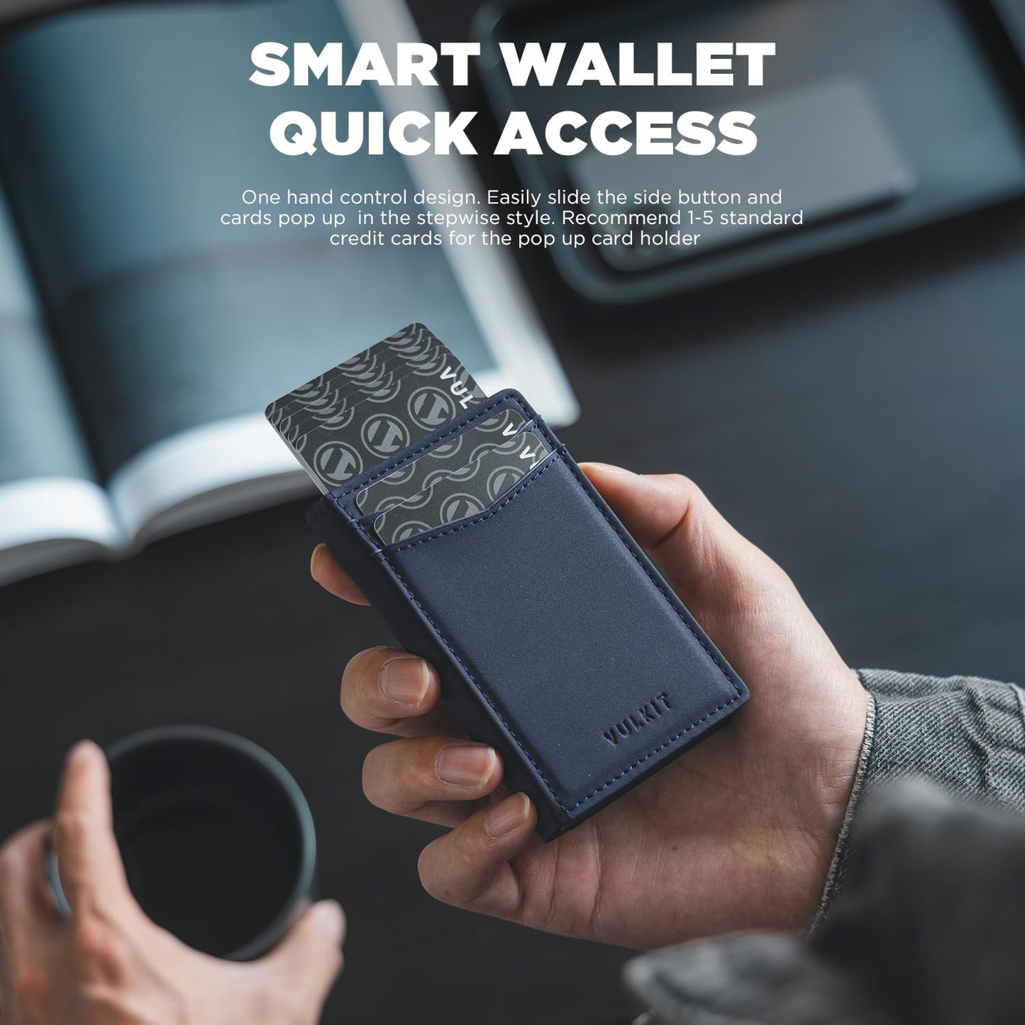 VULKIT Men's Wallet with ID Window Premium Leather Wallets RFID Blocking Minimalist Wallet Pop Up Card Holder Magnetic Closure