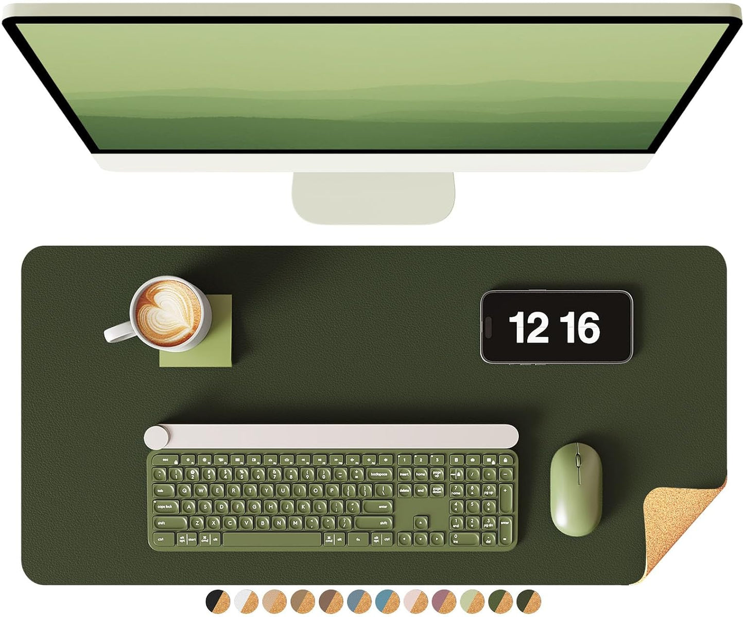 YSAGi Double-Sided Desk Pad, 23.6"x13.7" Leather Desk Mat, Eco Cork Desk Pad Protector, Large Mouse Pad for Desk, Waterproof Desk Blotter Pad, Desk Writing Pad for Office Work/Home(Dark Green/Cork)