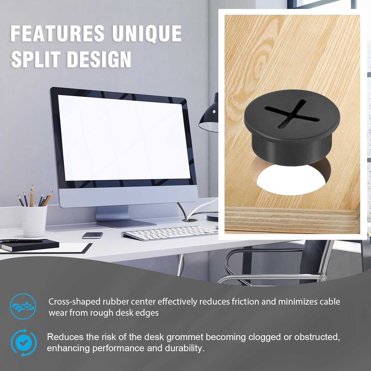 3/4" Black Desk Grommet, JTemgle Flexible Cable Grommet Cross Rubber Cable Hole Cover Wire Organizer Caps Desktop Cord Management for Home Office TV Stands Tabletops, 10 Pieces