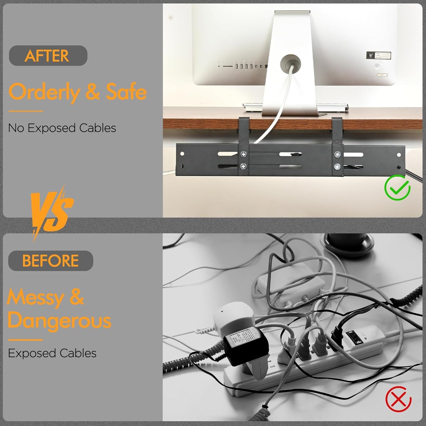 No Drill Under Desk Cable Management Tray, 17"-30" Retractable Long Cable Tray with Clamp Mount, Metal Cord Organizer, Support 50 lbs+, Wire Management Basket for Home Office, Black