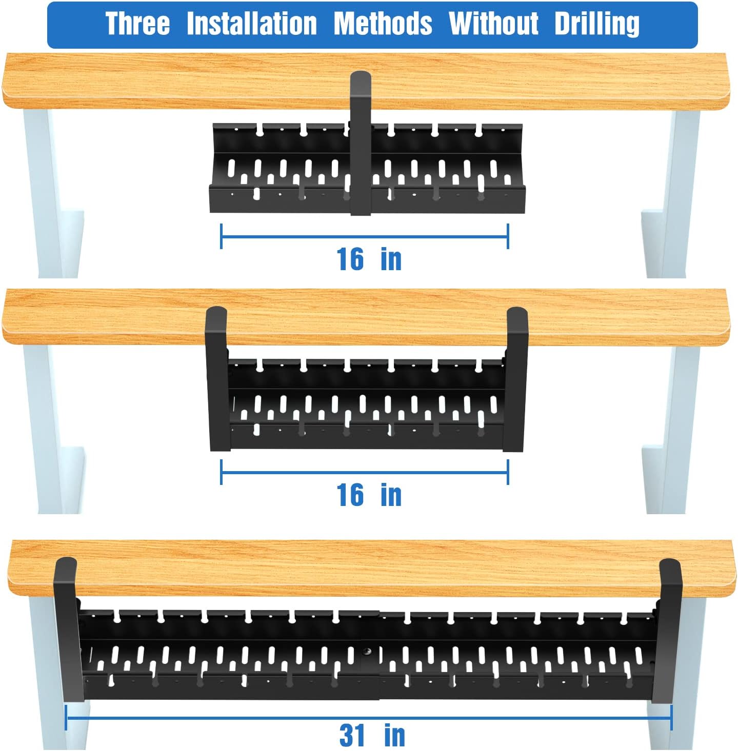 No Drilling Extendable Under Desk Cable Management, Metal Cable Management Tray Under Desk with Clamp, Retractable Power Strip Cord Holder for Wire Management 31Inch (1 Pack Black or white random 31')