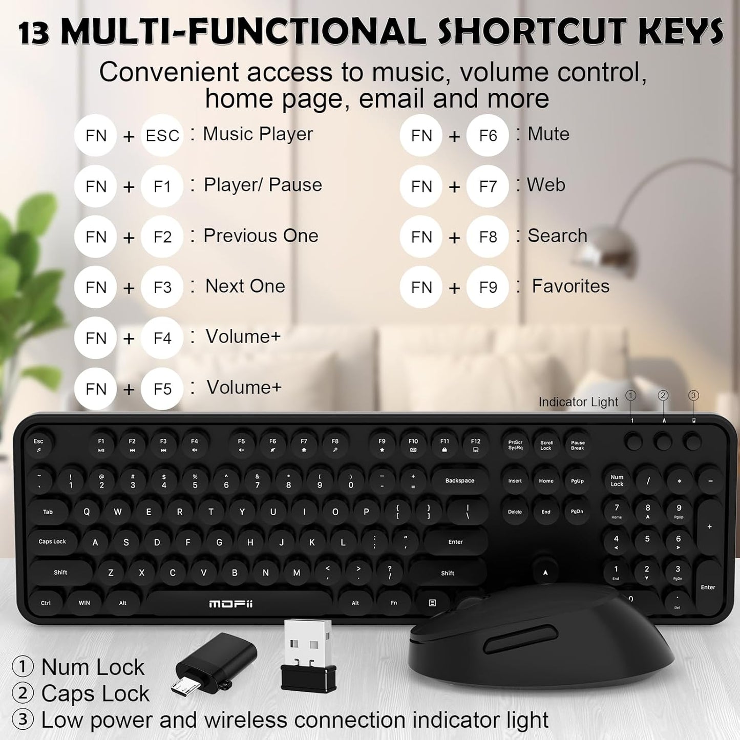 Wireless Keyboard and Mouse Combo, MOFII 104 Keys Full-Size Retro Round Keys Typewriter Keyboards Ergonomic Keyboards and Mouse Wireless for Windows, PC, Laptop, Desktop Black