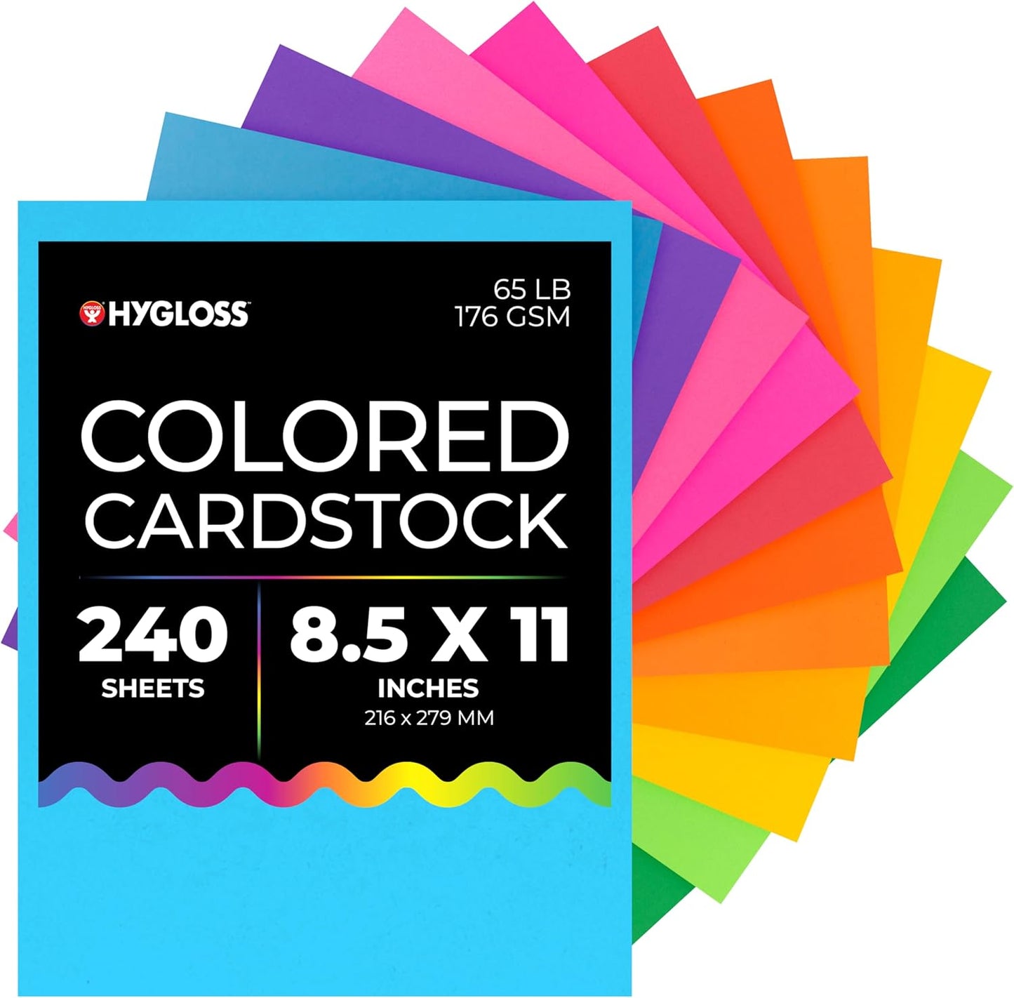 Hygloss Bright Colored Cardstock - 8.5x11-Inch, 12 Assorted Colors, 240 Sheets, 65 lb/ 176 gsm, Fade-Resistant, Acid-Free Color Card Stock Paper