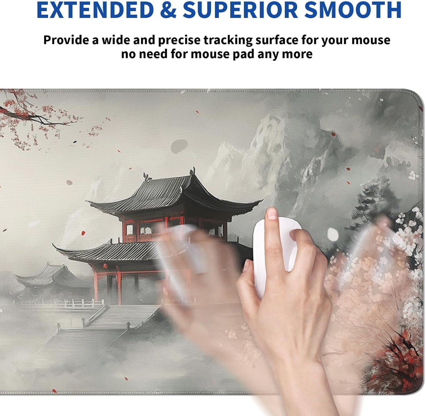 Retro Pagoda Mouse Pad Abstract Cherry Blossom Watercolor Mouse Pad 31.5x11.8 Inch Texture Non-Slip Rubber Base Large Mousepad Stitched Edges Keyboard Mouse Mat Desk Pad for Office