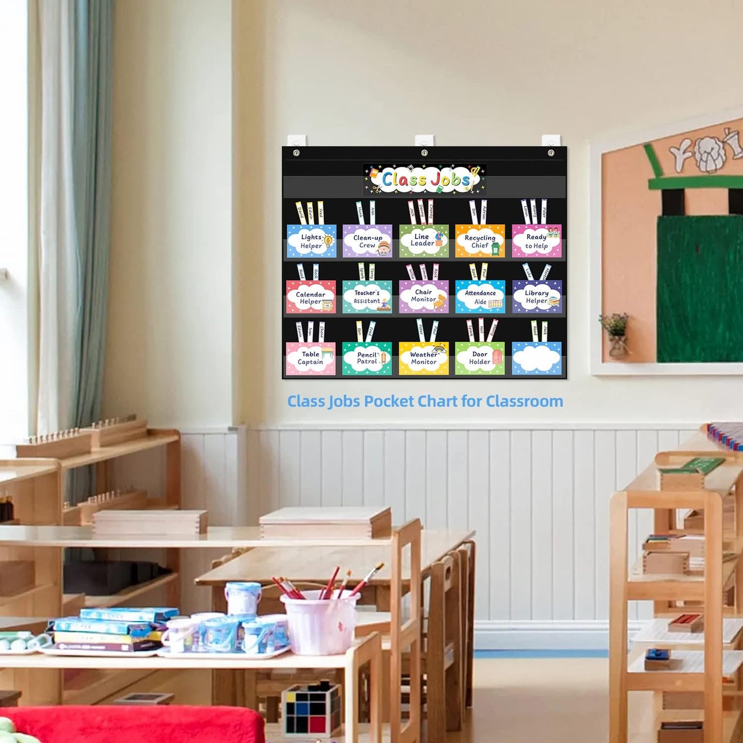 REGELETO Class Jobs Pocket Chart with 70 Colorful Dry Erase Cards and 3 Hooks,Class Management Educational Pocket Chart Teacher's Helper Size: 24.5”x21.8”inch Bulletin Board for Classroom (Black)