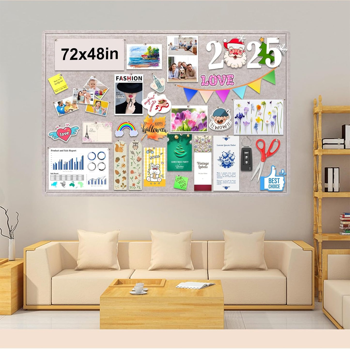 Large Bulletin Board, Foldable 72x48 Inches Cork Board Alternative, Large Felt Board Decorative Pin Board for Wall, Foldable Photo Board Self-Adhesive Vision Board with 36 Pushpins Light Khaki