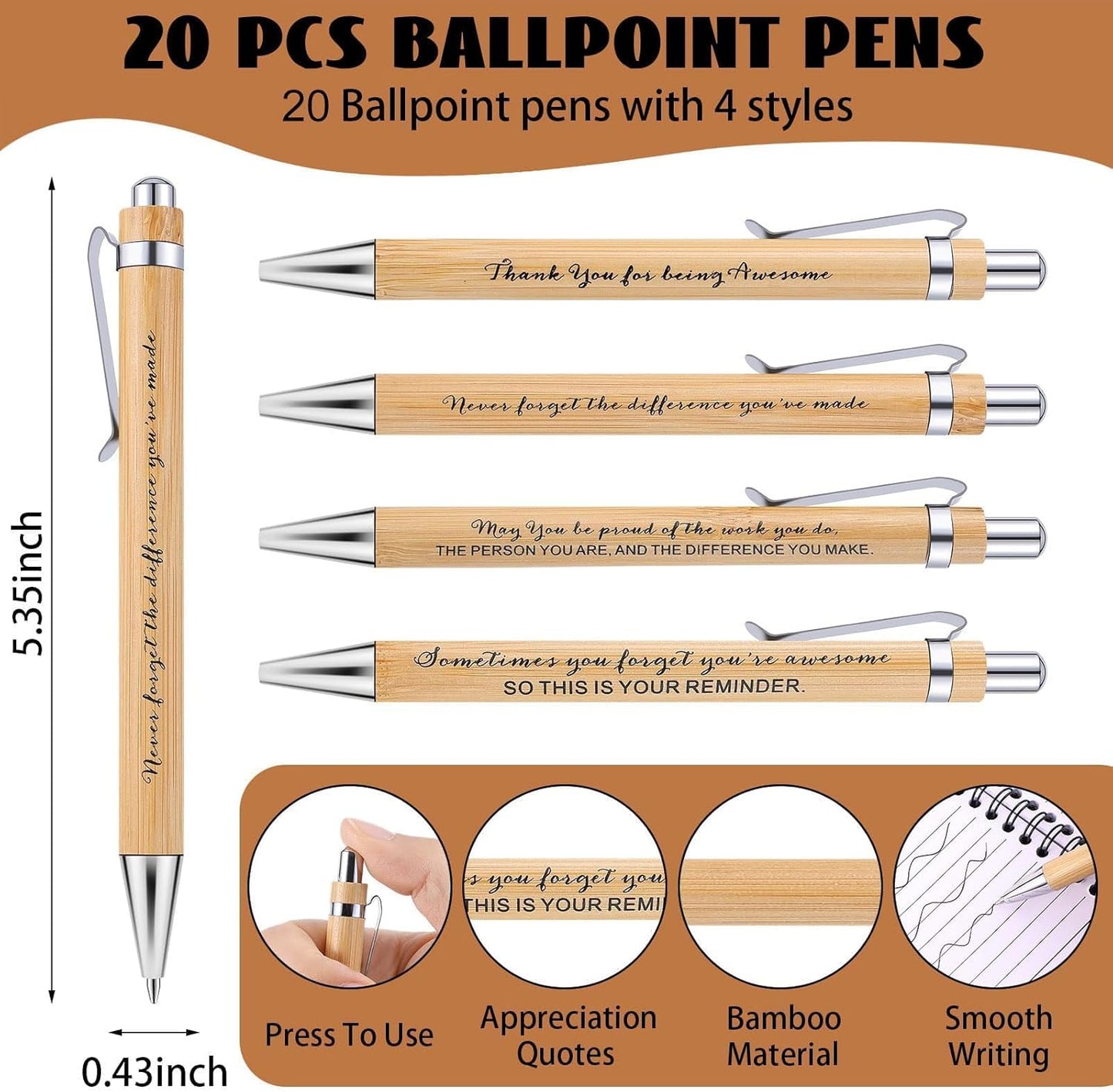 20 Sets Employee Appreciation Gifts Spiral Notebooks with Sticky Notes Notepads Thank You Journals Inspirational Bamboo Ballpoint Pens Bulk for Nurse Teacher Coworker