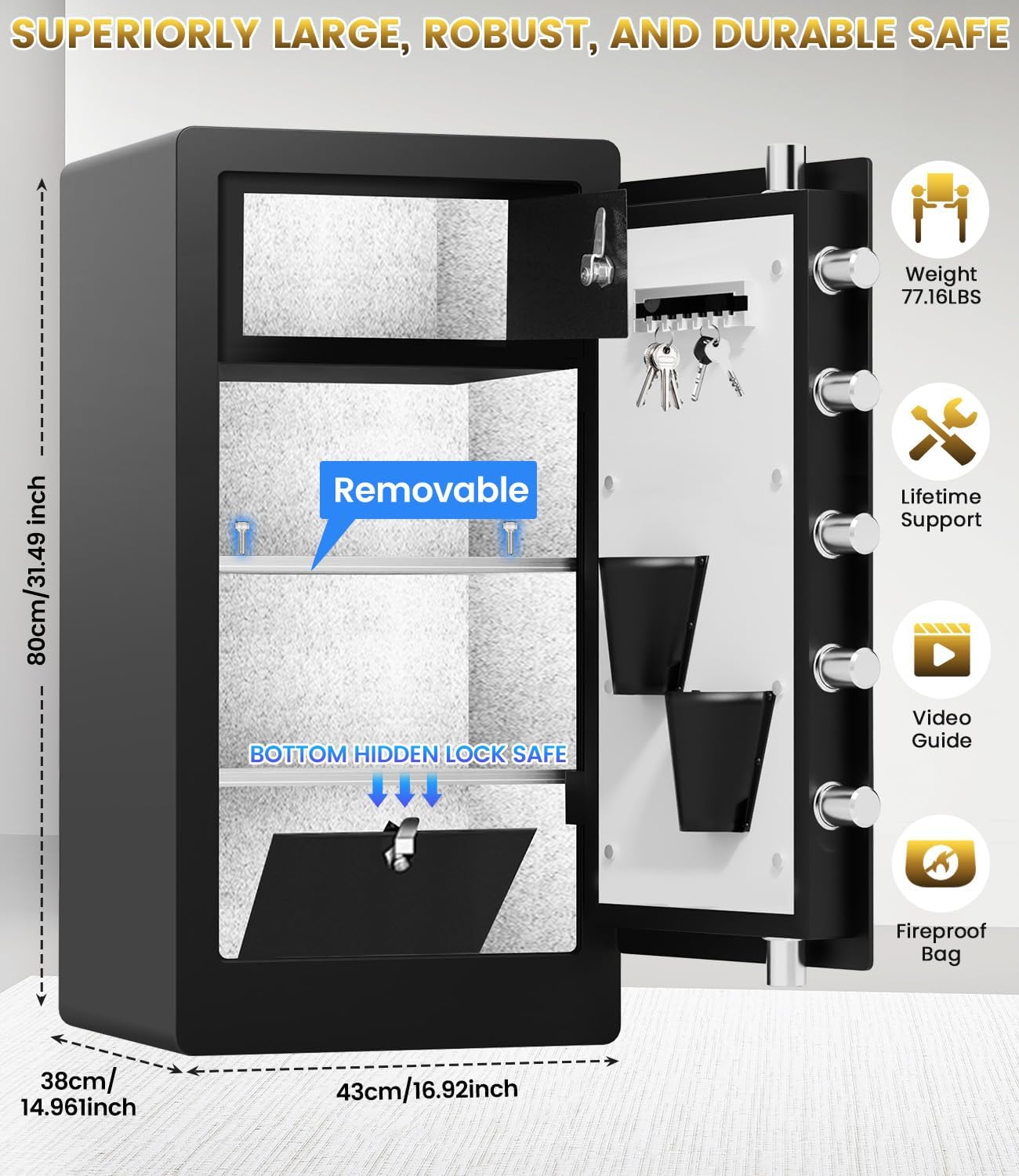 9.0 Cuft Heavy Duty Biometric Fireproof Safe Box with Fireproof Waterproof Bag, Large Document Storage with Bottom Hidden Compartment, Anti-Theft Dual Alerts, Mute Mode, Digital Security for Business