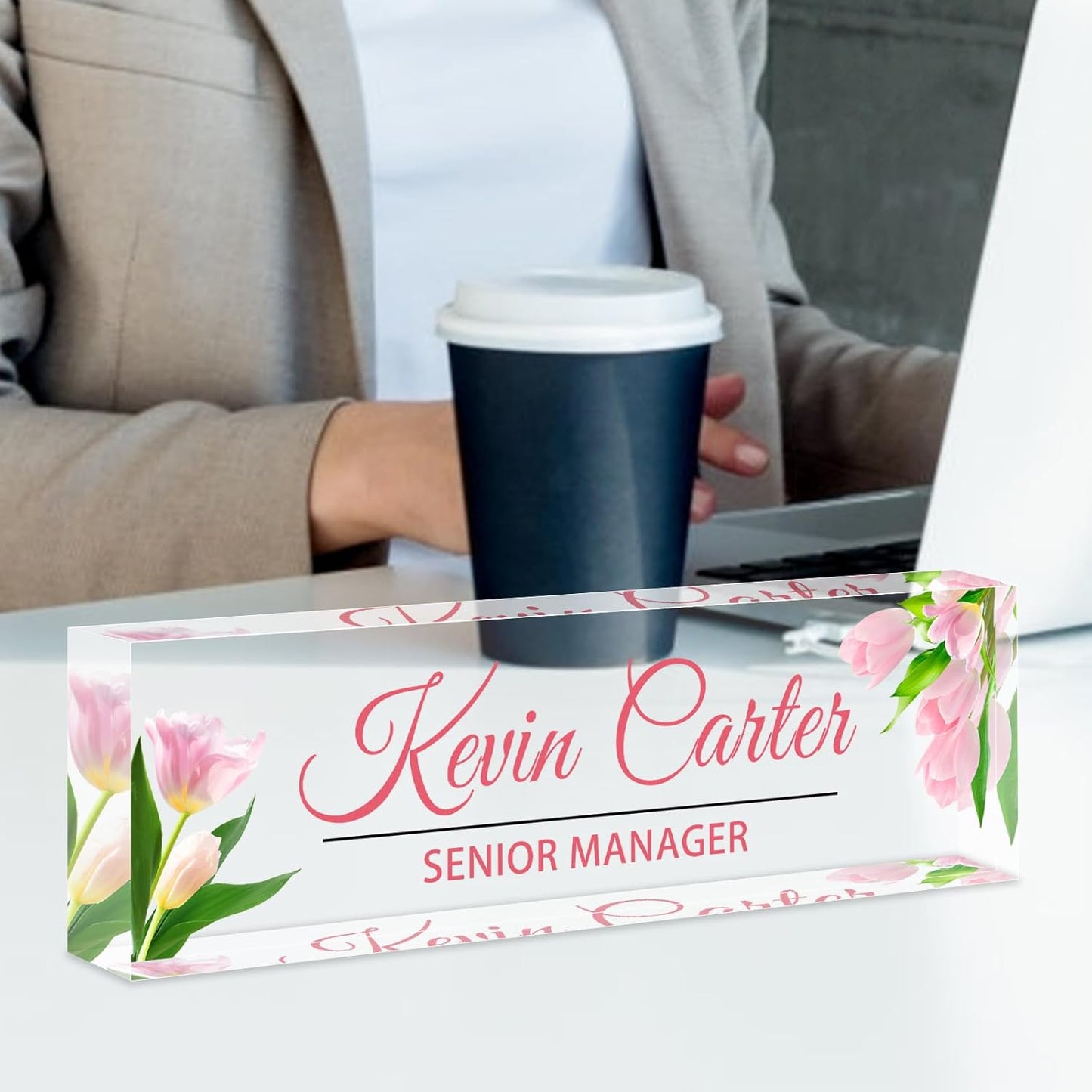 Name Plate for Desk Personalized, Acrylic Desk Decorations, Employee Appreciation Gifts, Custom Office Gifts for Coworkers, Boss, Teacher, Nurse (Pink Tulips)