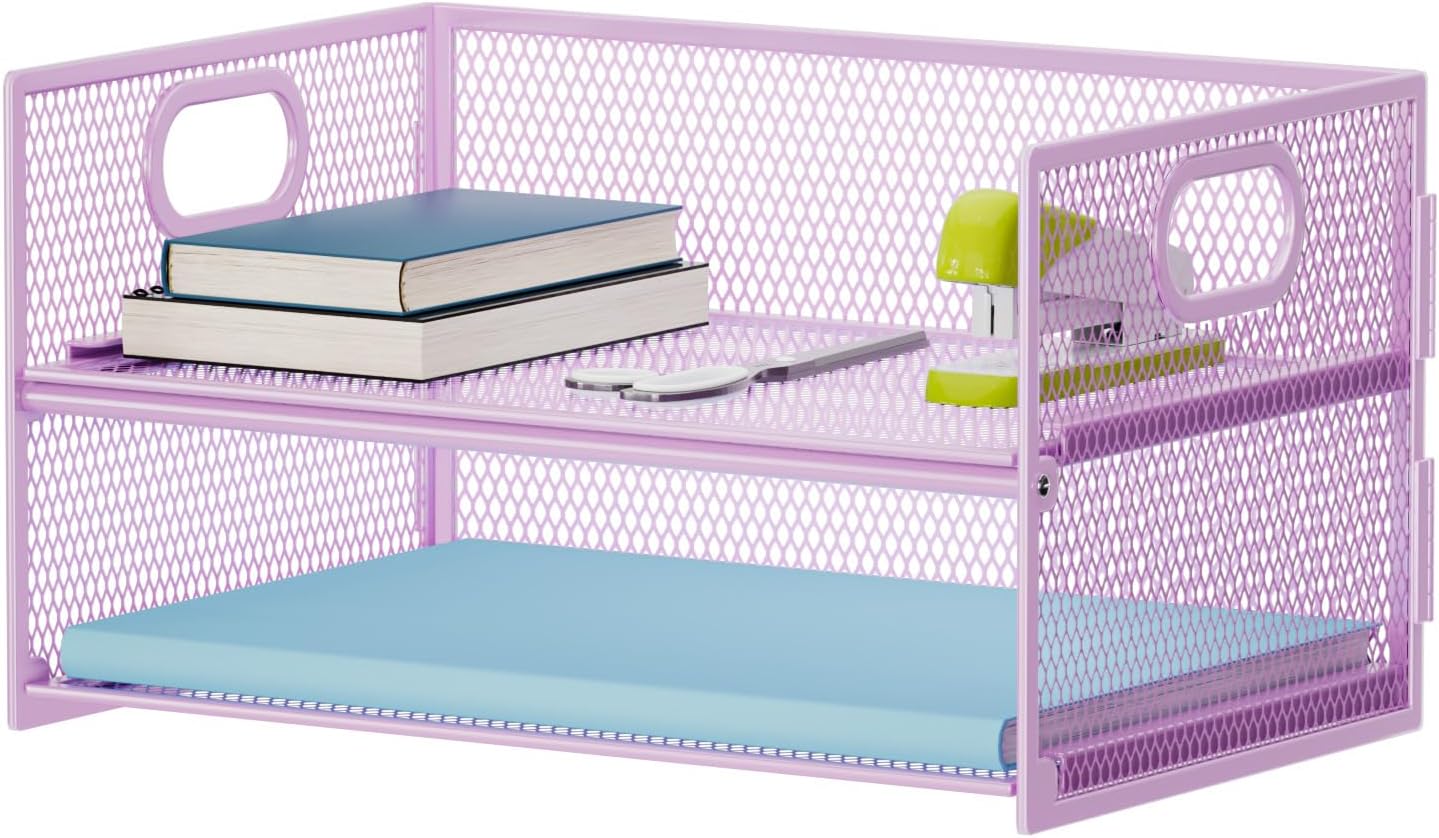 Marbrasse 2 Tier Paper Organizer Letter Tray, Mesh File Organizer with Handle, Paper Sorter Desk Organizer for Home Office Supplies - Purple