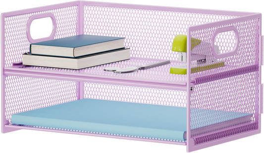 Marbrasse 2 Tier Paper Organizer Letter Tray, Mesh File Organizer with Handle, Paper Sorter Desk Organizer for Home Office Supplies - Purple