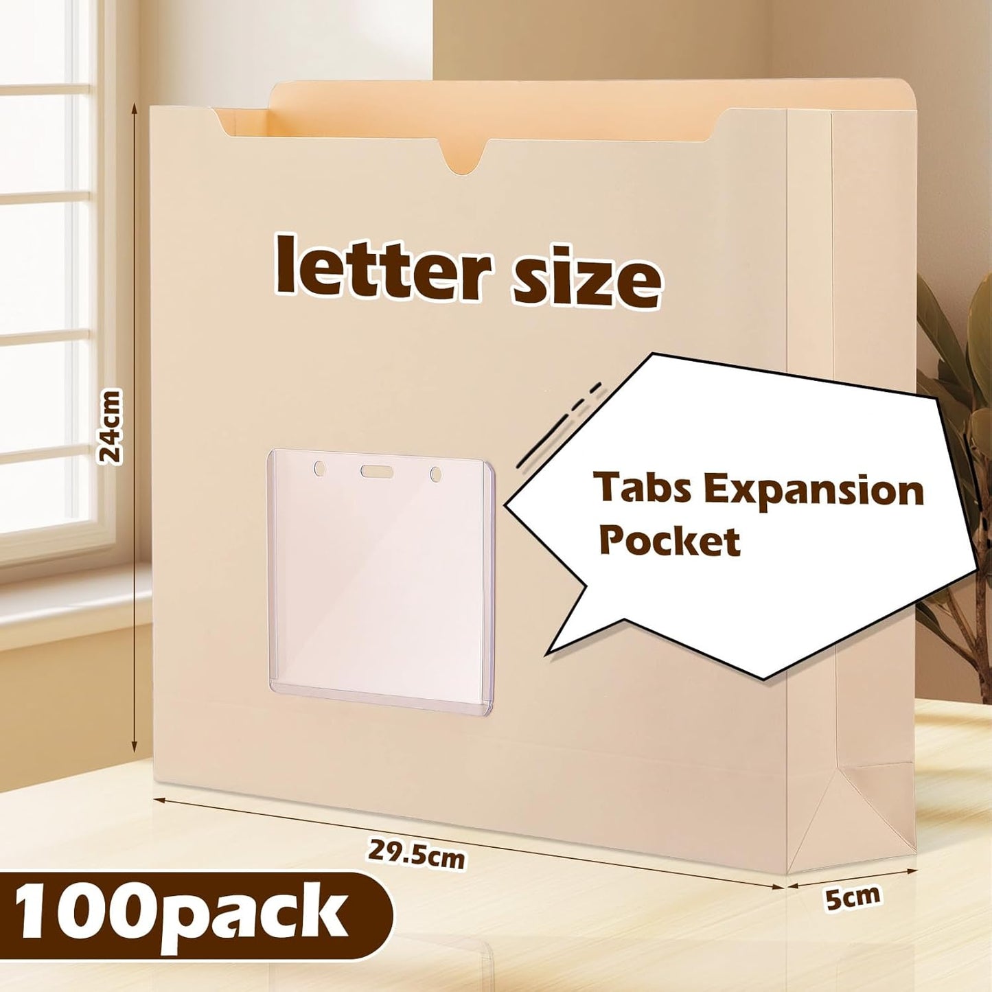 Zhehao 100 Pcs File Jackets Reinforced Straight Cut Tab Pocket Folders Expandable File Folder Expanding Paper Organizer with Tabs Expansion Pocket, Letter Size (Beige Color,with Label Pocket)