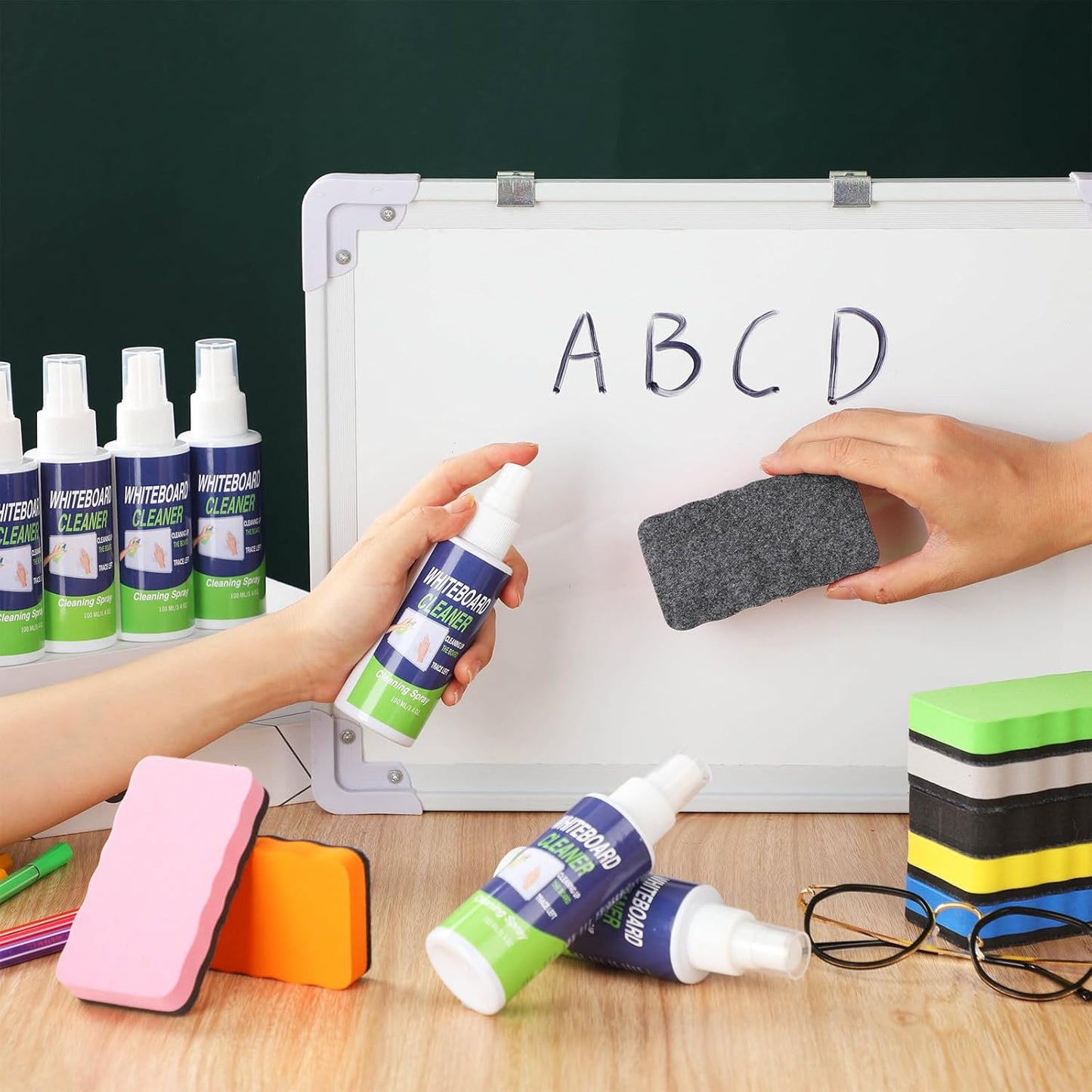 8 Pack Whiteboard Cleaner 3.4 fl oz Whiteboard Cleaning Spray Dry Erase Board Liquid Cleaner with 8 Pack Magnetic Chalkboard Board Erasers White Board Eraser for Classrooms, Home, Office
