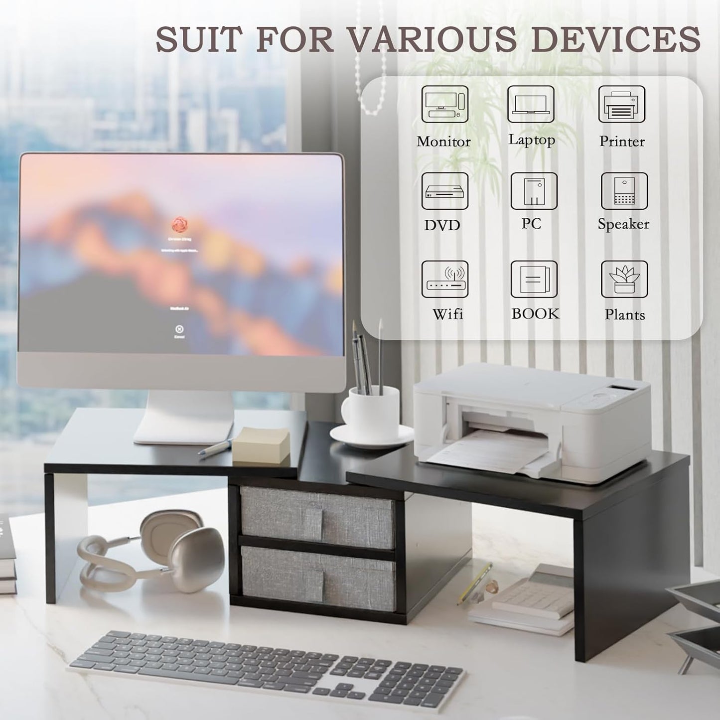 TEAMIX Dual Monitor Stand Riser with 2 Drawers-Length and Angle Adjustable 3 shelf Monitor Riser with Storage Desk Organizer Large Computer Monitor Stand for 2 Monitors/Laptop/PC,Wood Screen/TV Stand