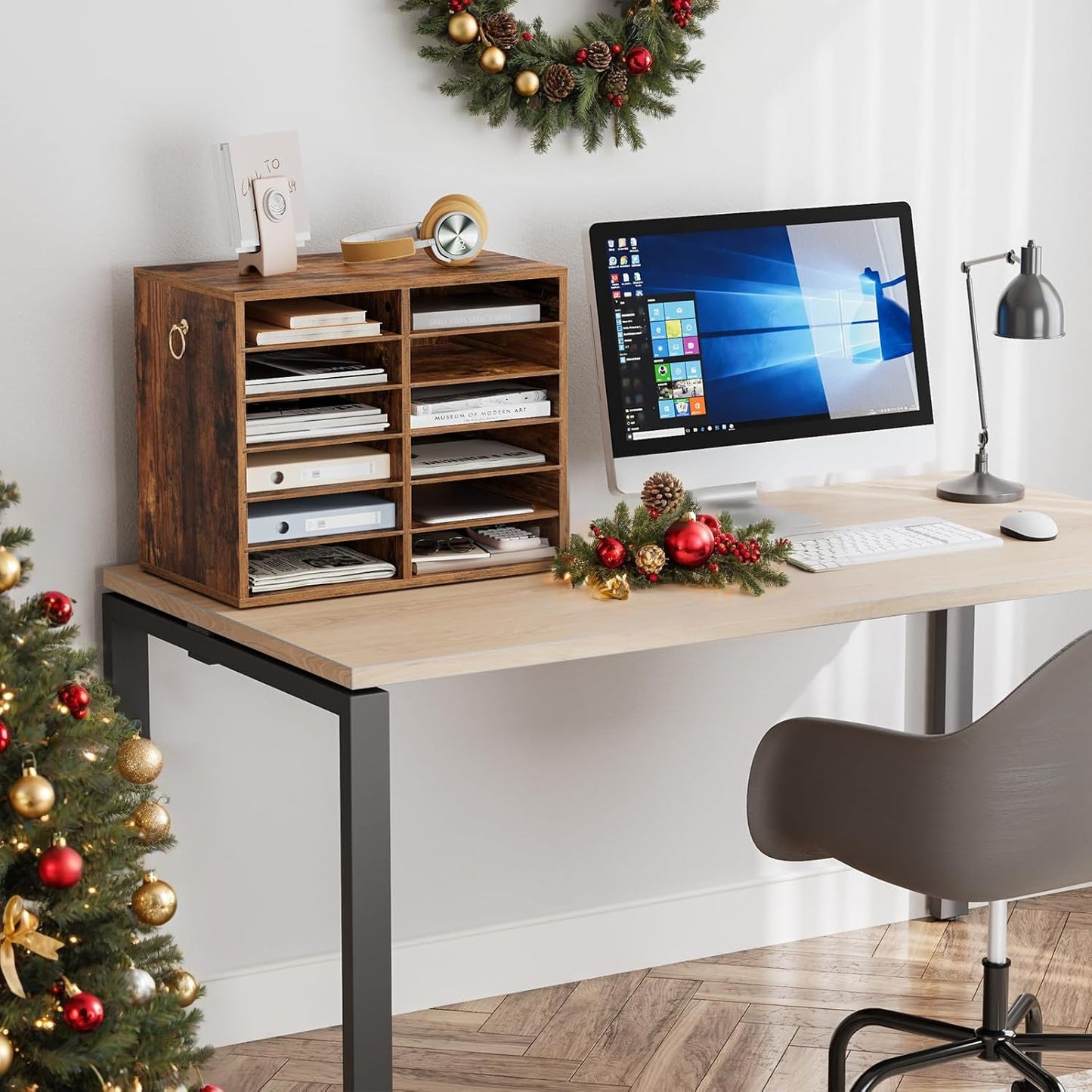 HOOBRO Literature Organizers, 12 Compartments Office Mailbox with Adjustable Shelves, Wood Countertop Literature Sorter for Office, Home, Classroom, Mailrooms Organization Rustic Brown FG12WF01