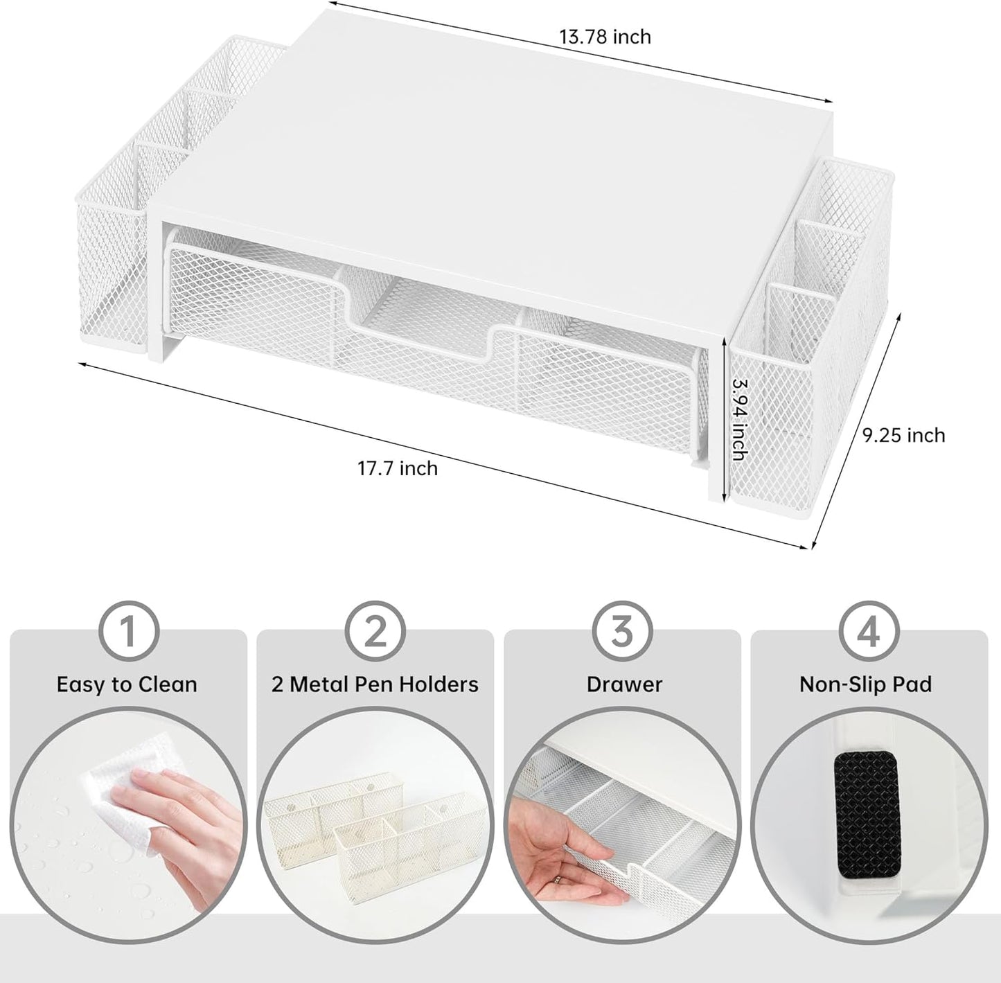 Computer Monitor Stand Riser with Drawer and Pen Holders, Desk Organizer Shelf and Accessories, Office Desk Accessories, Office Organization, White