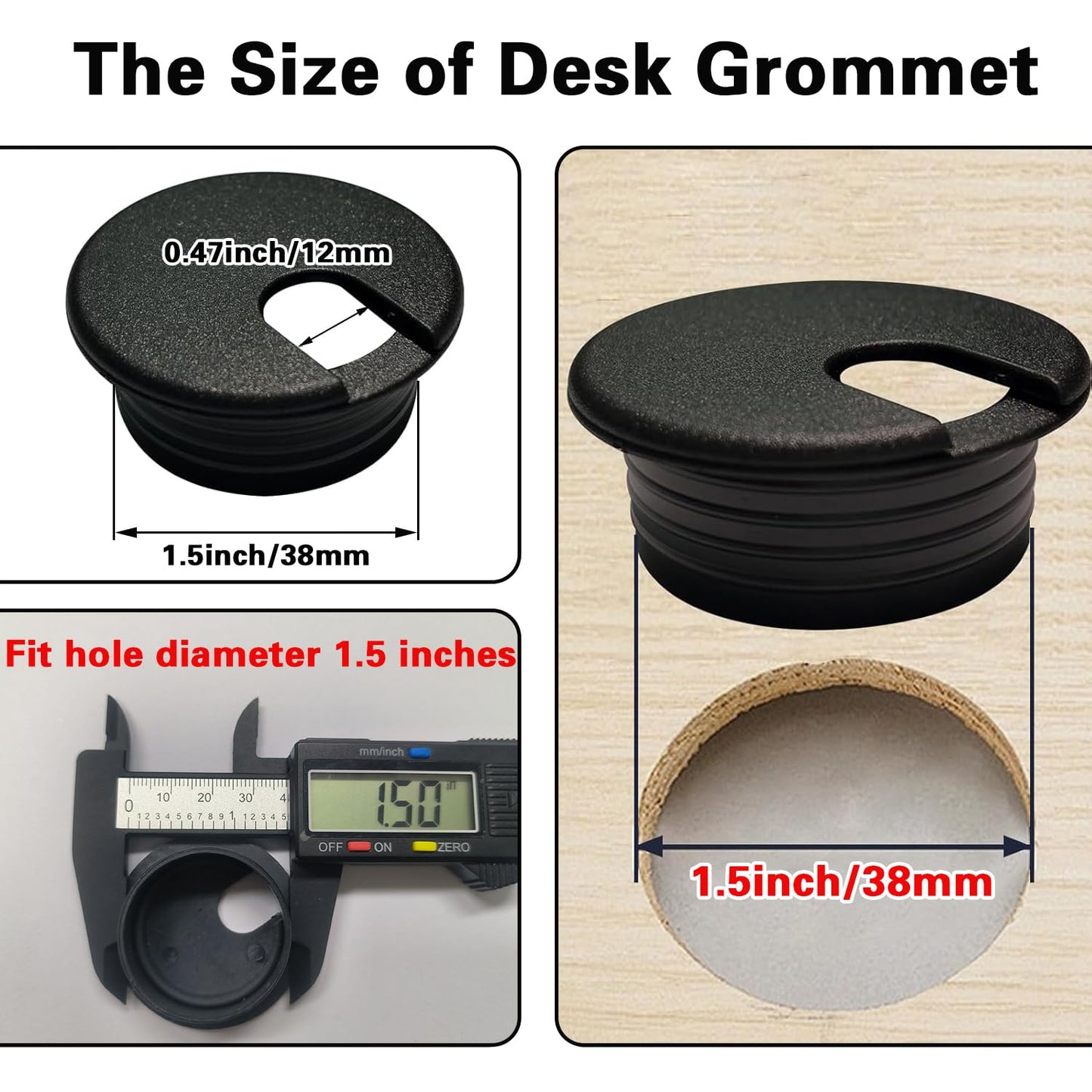 [6 Pack] Desk Grommet 1.5 inch(38mm) Sturdy ABS Plastic Desk Hole Cover for Cables Detachable Desk Hole Grommet for Organizing Home & Office Table Cables - Black