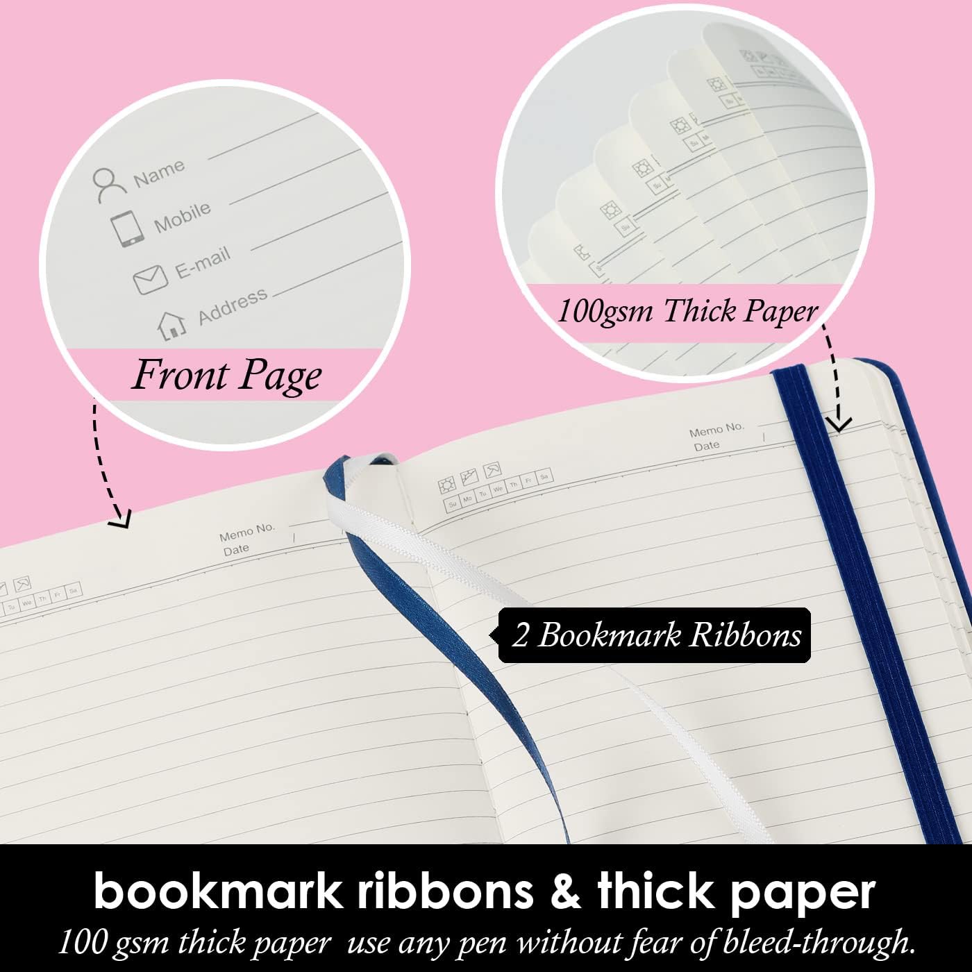 Pocket Notebook Journals, 3 Pack Mini Small Notebooks for Work, Leather Cover Notepad with 3 pens, Elastic Closure, Blue