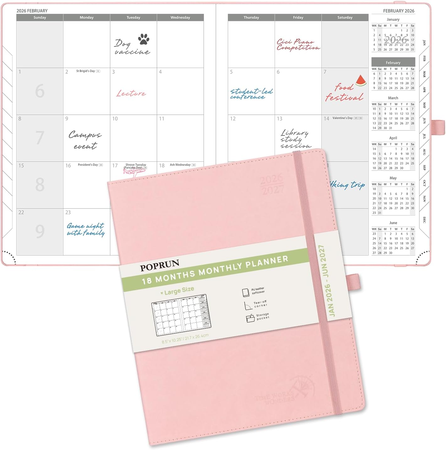 POPRUN Monthly Planner 2026-2027 (Large- 8.5" x 10.5" Soft Cover), 18-Month Calendar Book (Jan.2026 - Jun. 2027), Calendar Planner with Monthly Tabs & Pocket, 100 GSM Paper - Pink